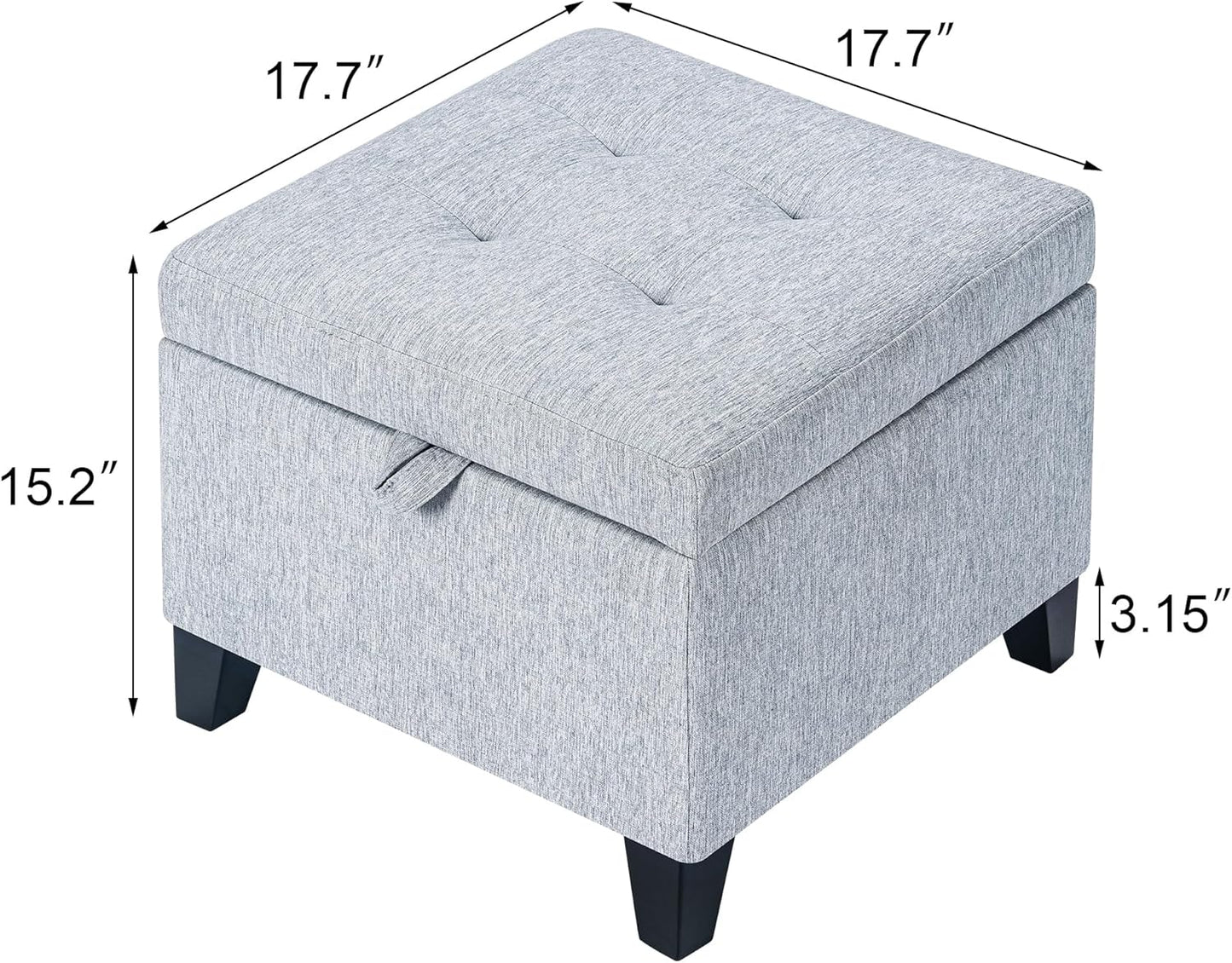 Adeco 18 Inch High Cube Ottoman Storage, Linen Chair Foot Stools, Upholstered Vanity Stool with Hinged Lid, Solid Wood Legs