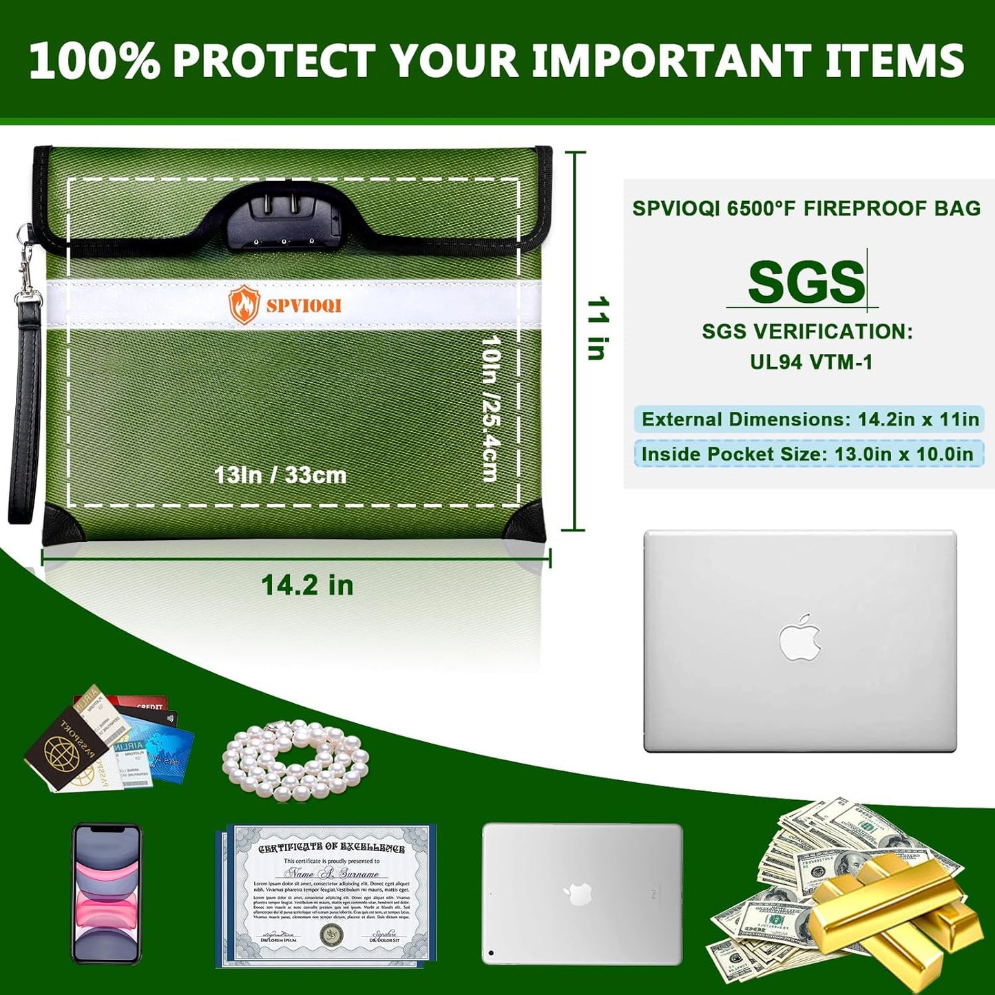 Upgraded 6500°F Fireproof Document Bag with Lock, Fireproof Money Bag for Cash w. Zipper/Reflective Strip, 10Layers of Heat Insulated Materials, Water Resistant Fireproof Bag for Documents, Fire Bag