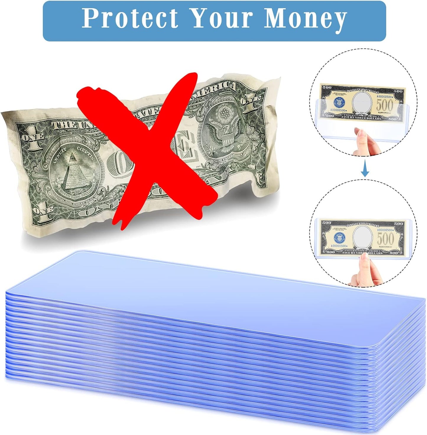Sepamoon 100 Pieces Dollar Bill Sleeves, 6.9 x 2.95 Inch Hard Plastic Clear Currency Sleeves Waterproof Currency Holder Dollar Bills Display Protector Organizer Case Supplies for Collectors