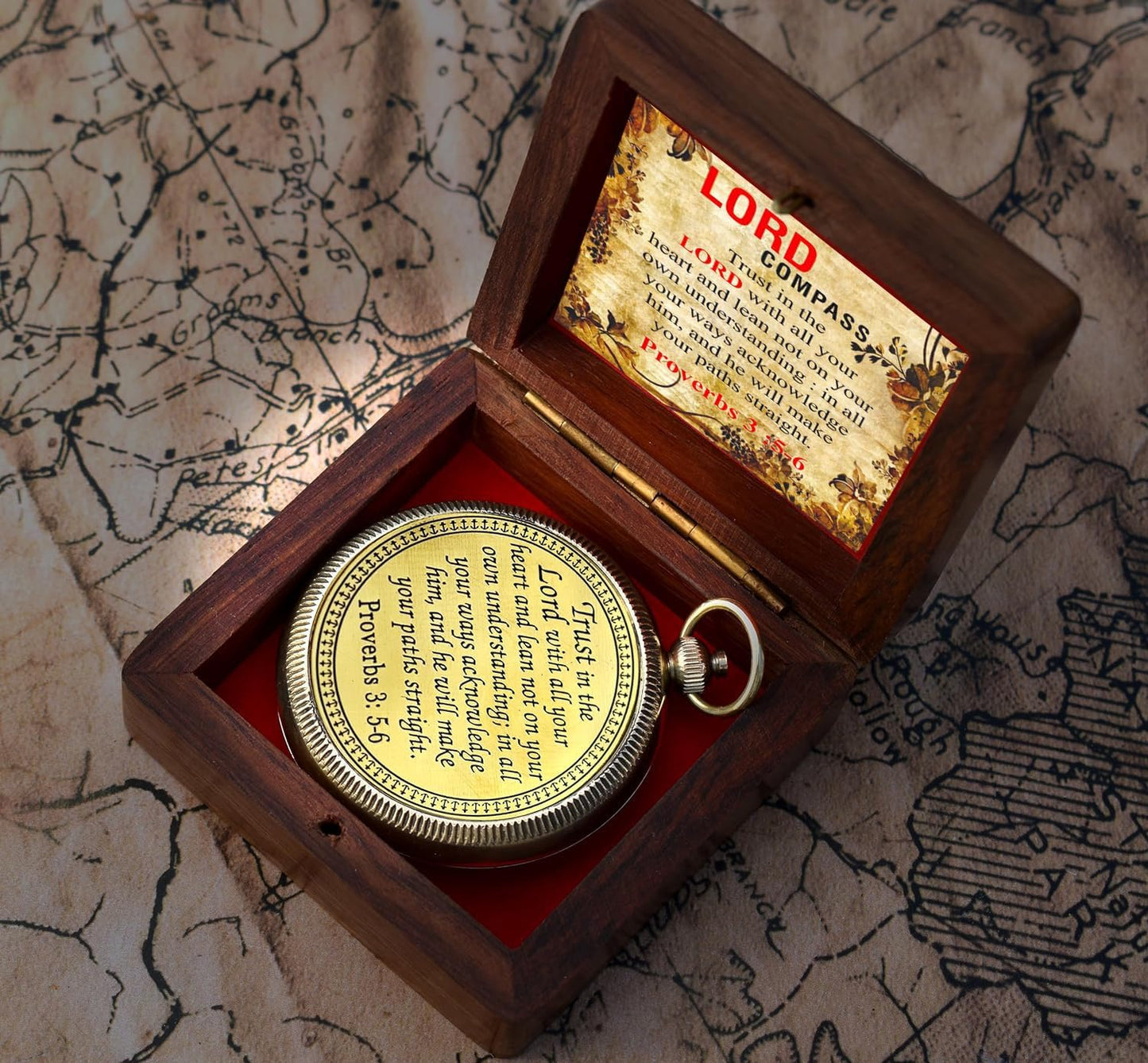 Trust in The Lord With All Your Heart - Proverbs 3:5-6 Quote Engraved Compass With Wooden Box, Greeting Card, Gift Compass, Graduation Day Gifts 2024 for Women Men Boys Girls