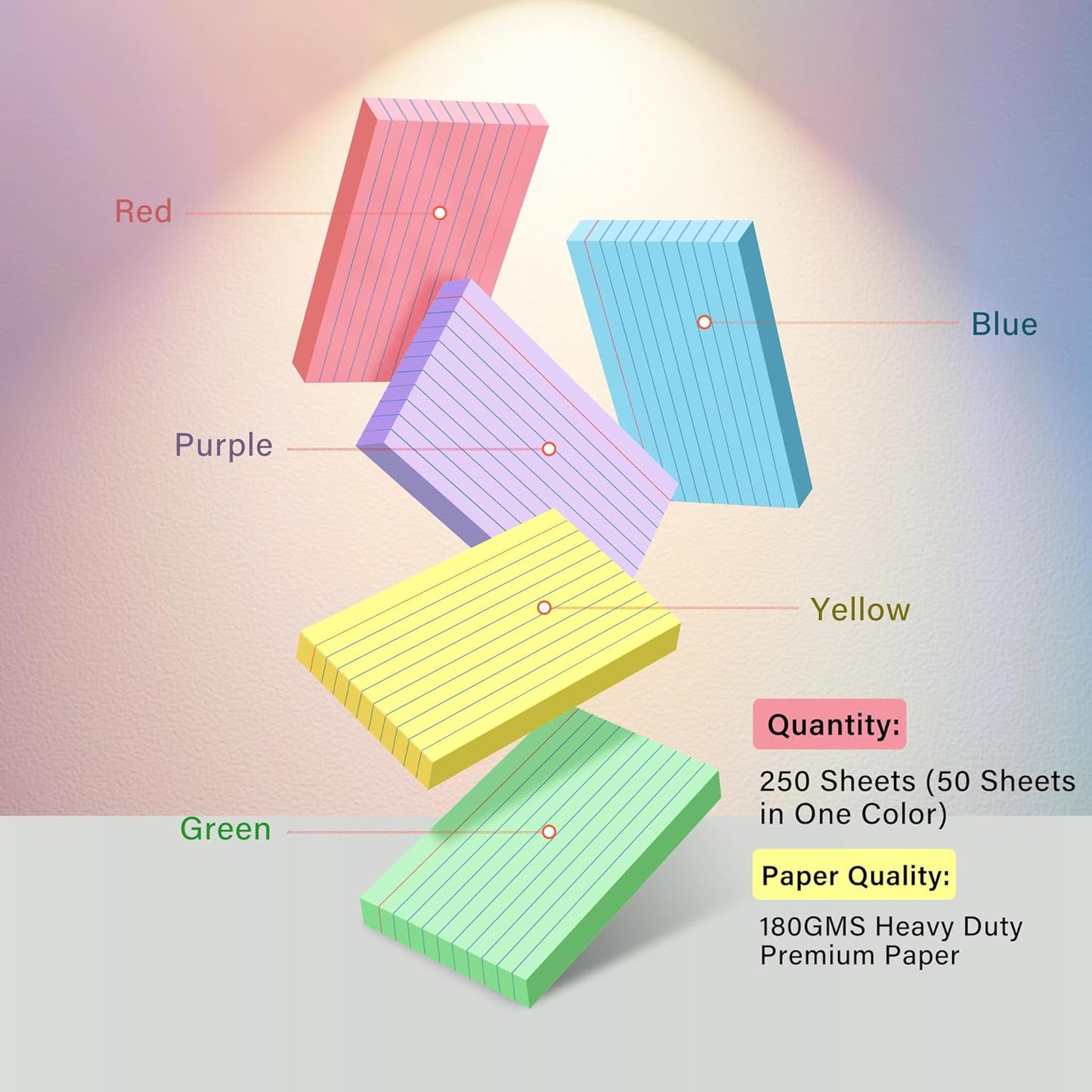 250 Count Colored Index Cards 3x5, 180gsm Heavy Weight Flash Cards, Ruled Index Cards, 5 Color (50 Sheets Each), Portable Note Taking for Students, Teachers, Study Note Cards for Office Home School