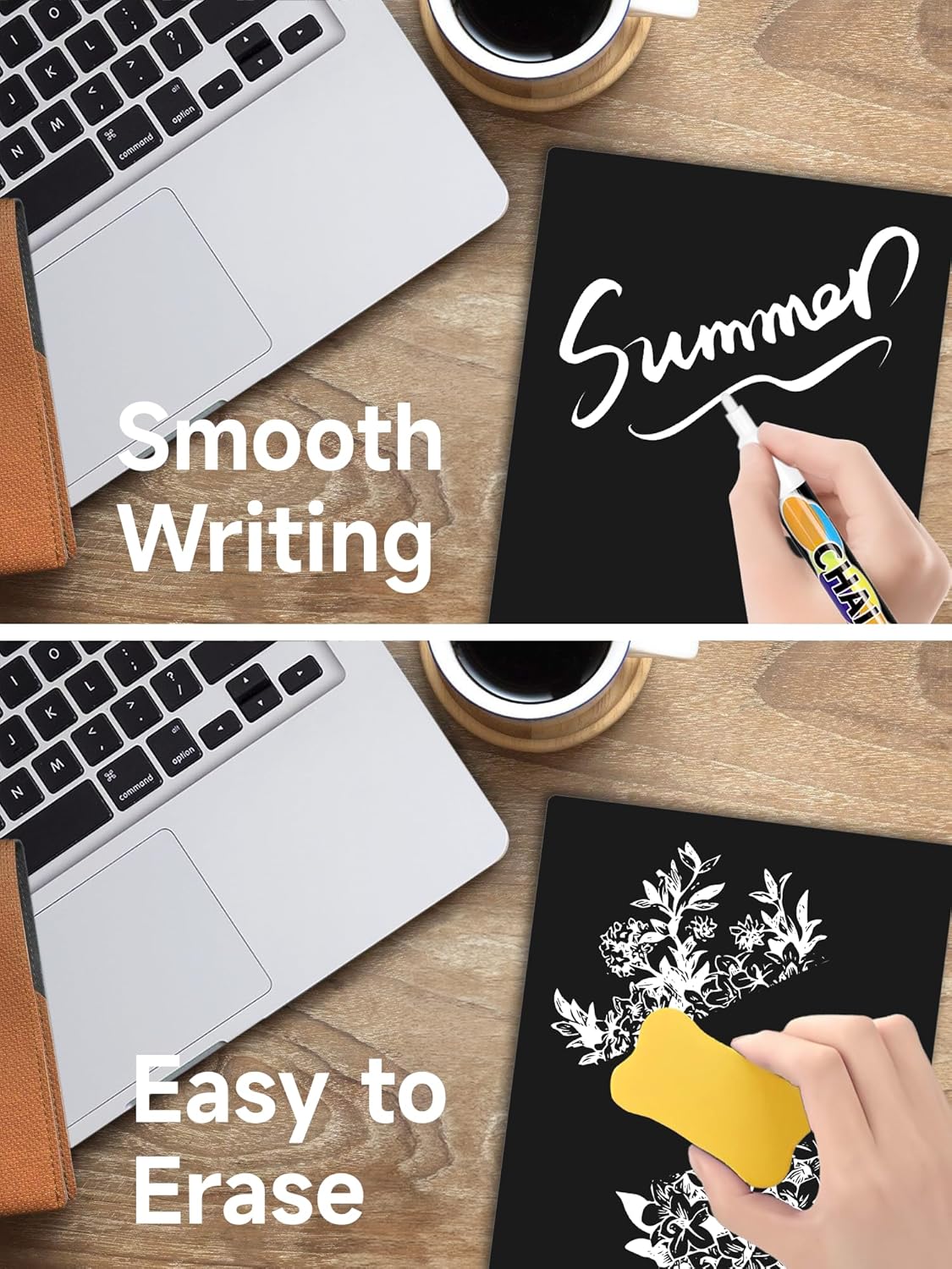 2 PCS Desktop Black Dry Erase Board with Stand - 8” x 6” Small Acrylic Black Board with Marker and Magnetic Clip, Reusable Desk Notepad, to-Do List, Menu Board Signs for Bar, Office, Home