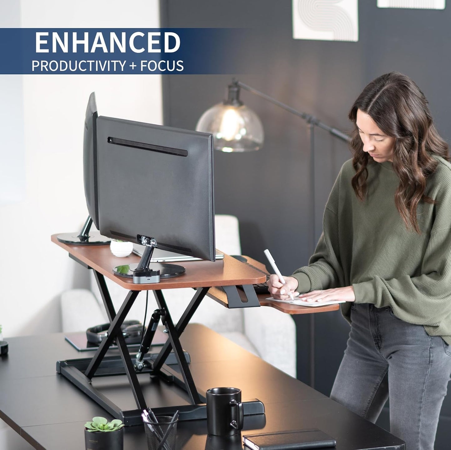 VIVO 36 inch Desk Converter, K Series, Height Adjustable Sit to Stand Riser, Dual Monitor and Laptop Workstation with Wide Keyboard Tray, Dark Walnut Top, Black Frame, DESK-V036KA