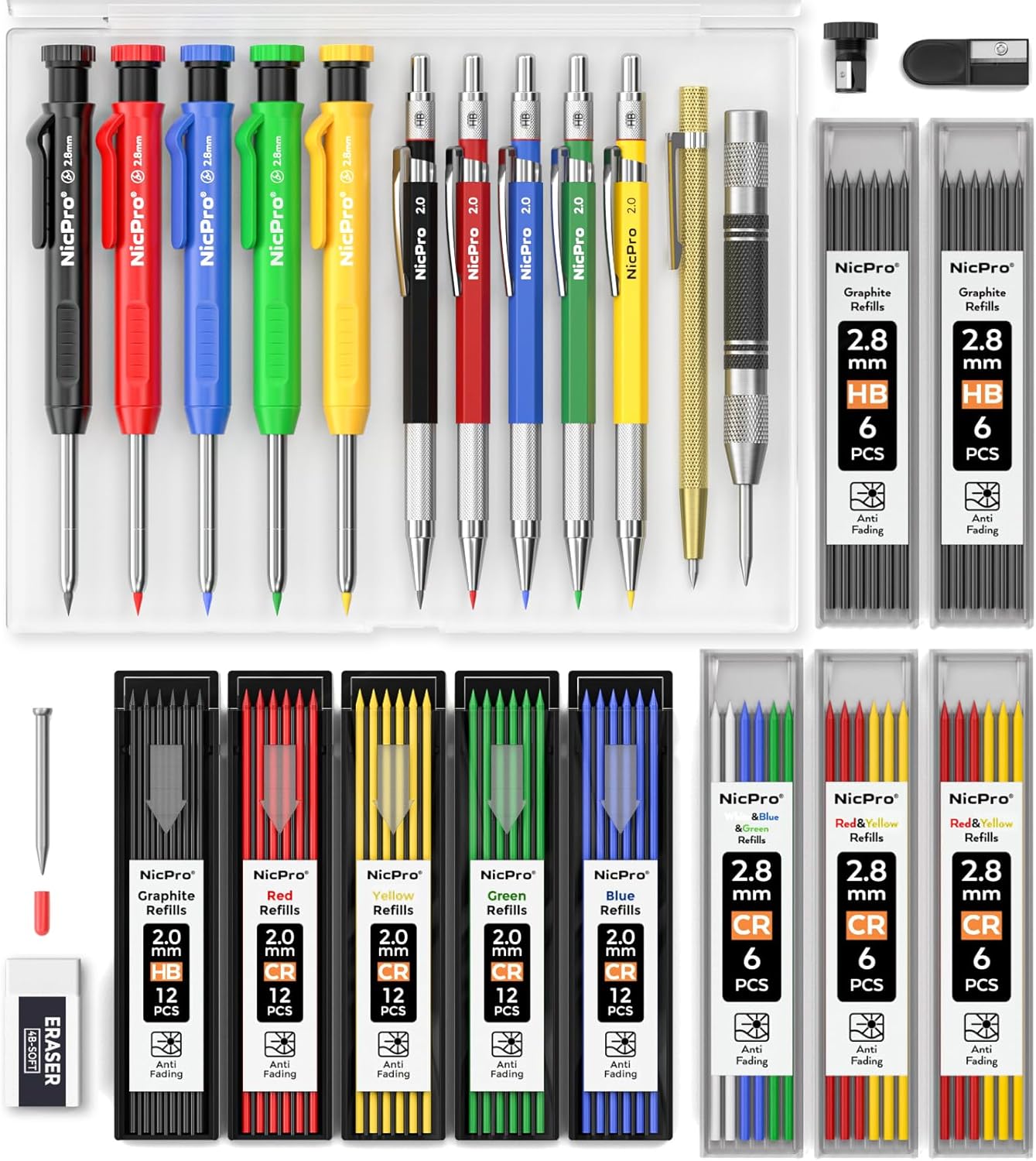 Nicpro 27 Pack Carpenter Pencils for Woodworking, Construction Mechanical Pencil with 100 Refill, Automatic Center Punch and Carbide Scribe Carpenter Tool, Construction Pencil for Carpenters Marking