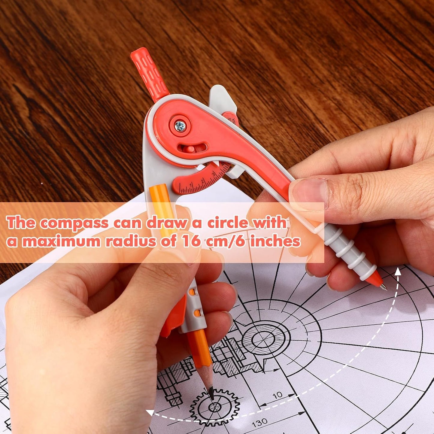 Zonon 1 Set Plastic Geometry Math Set 7 Pcs Includes 6'' / 4 '' Protractor, Drawing Compass, 45/60 Degree Triangle Rulers, 12'' / 6'' Math Ruler Transparent for Office Supplies(Orange)