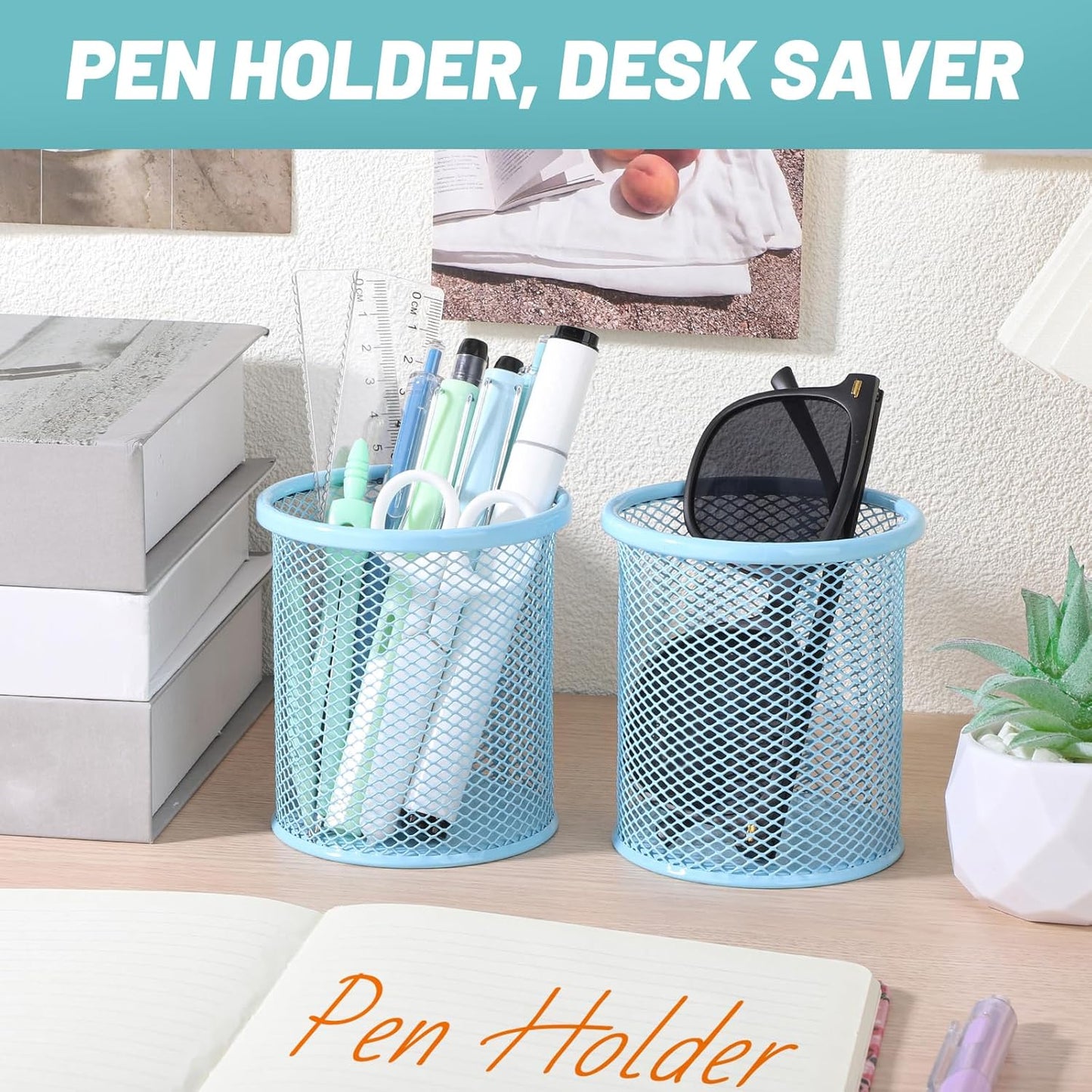 Segarty Pencil Holder, 6 Pack Light Blue Pen Holder, Pencils Cups Holder for Desk, Round Mesh Pens Container Organizer for Office Supplies, School Classroom, Makeup Brush, Home Storage