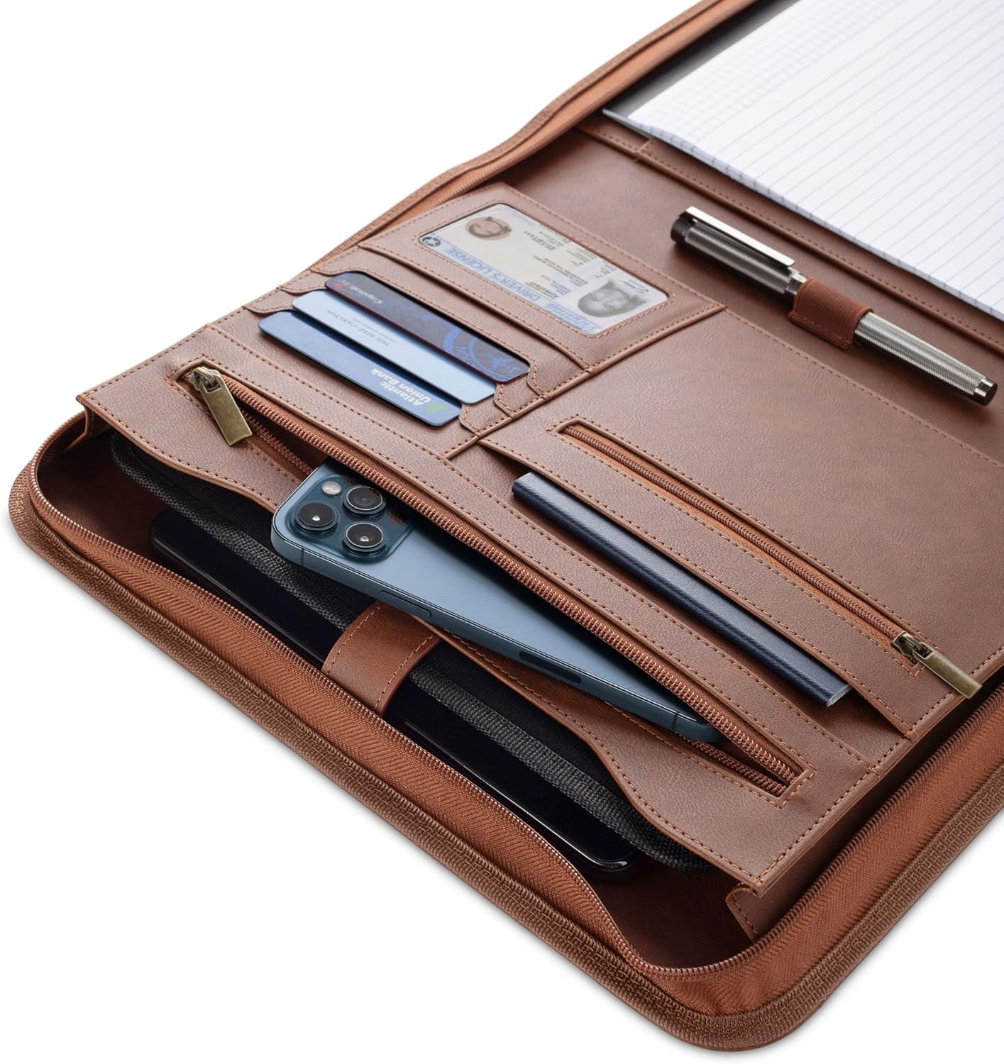 Padfolio Binder - Professional Faux Leather Travel Organizer Pouch for Tablet, Documents, Presentation Folders, Zipper Closure, Notepad - Brown