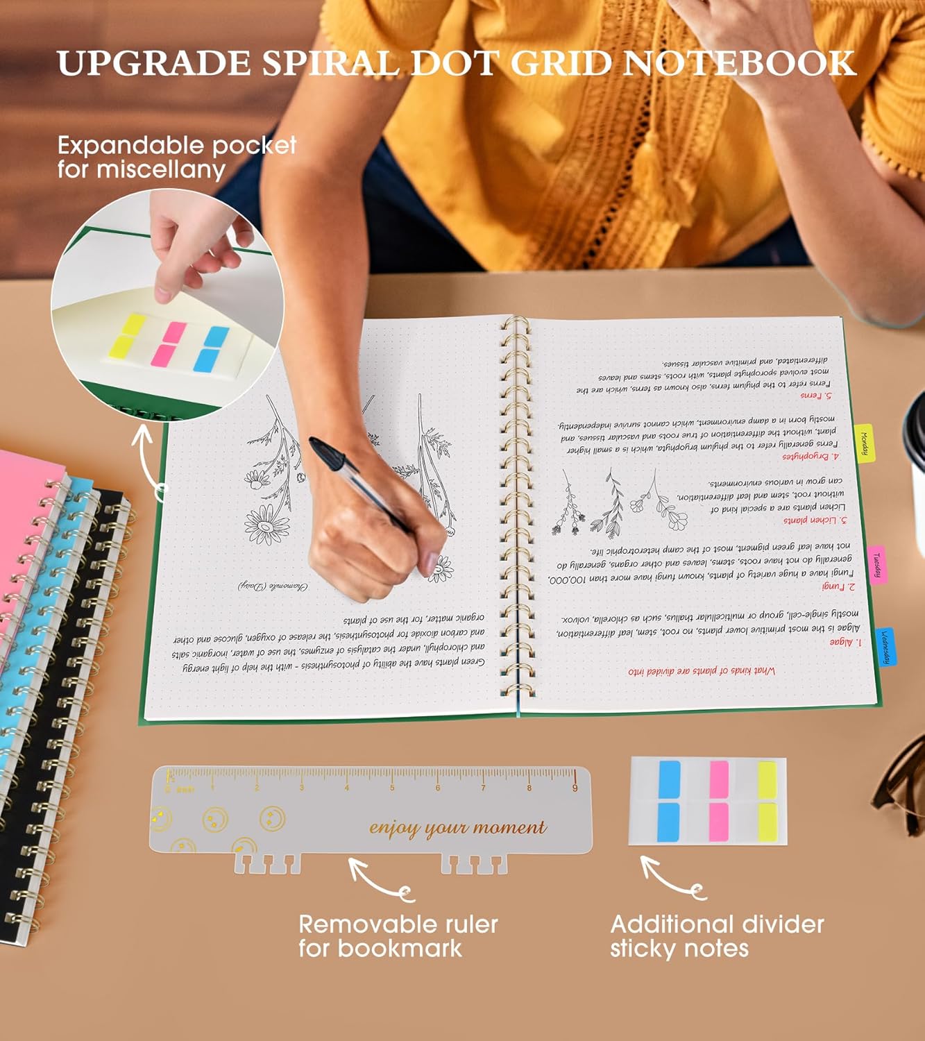 Dotted Notebook, Spiral Notebook Journal 8.5” x 11”, A4 Large Dot Grid Notebooks for Women Men, 100 GSM Dotted Paper, Plastic Hardcover Spiral Bullet Journals for Work School Sketching, Green