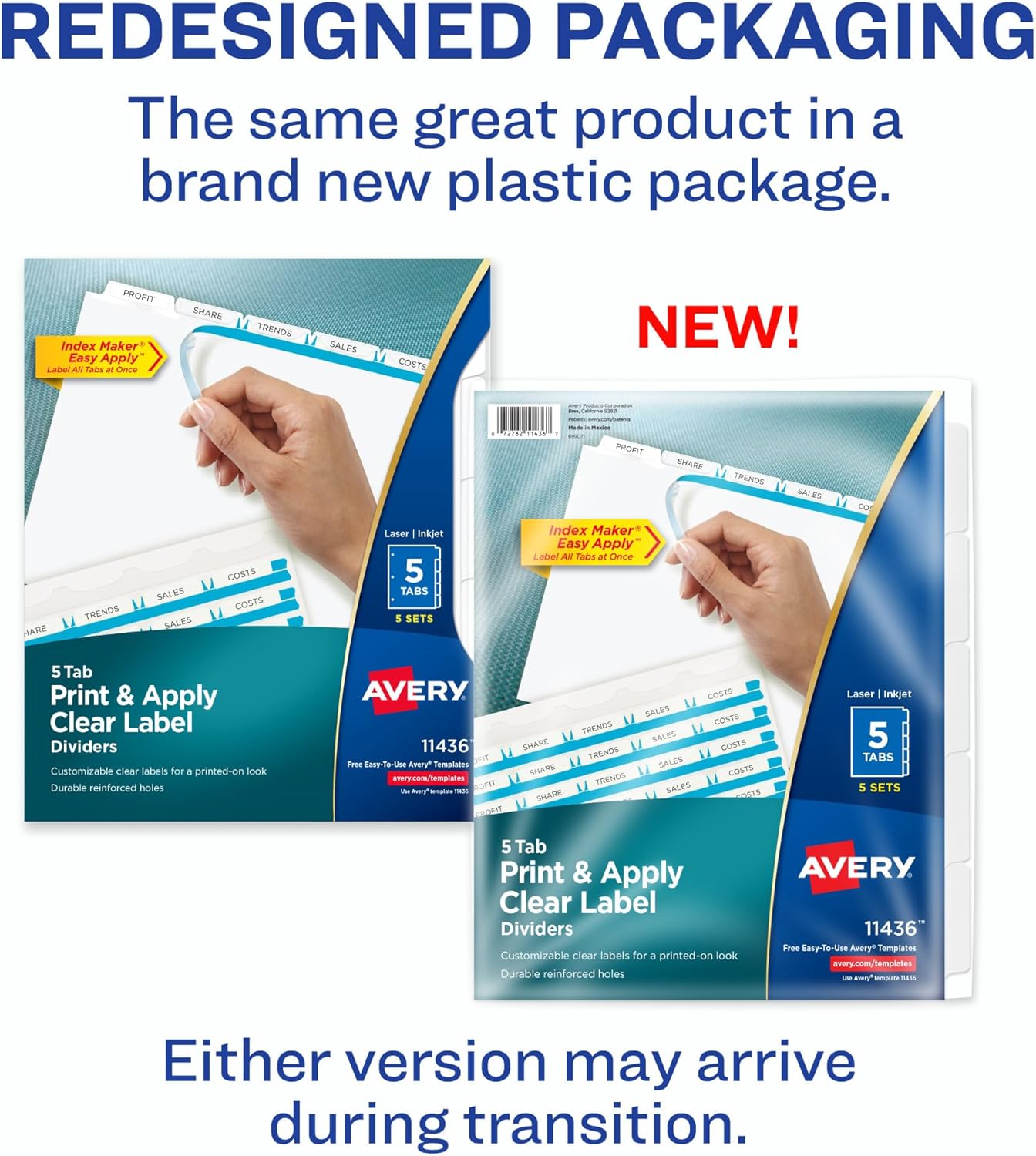 Avery 5 Tab Dividers for 3 Ring Binder, Easy Print & Apply Clear Label Strip, Index Maker Customizable White Tabs, 10-Pack of 5 Sets, 50 Sets Total (11436)