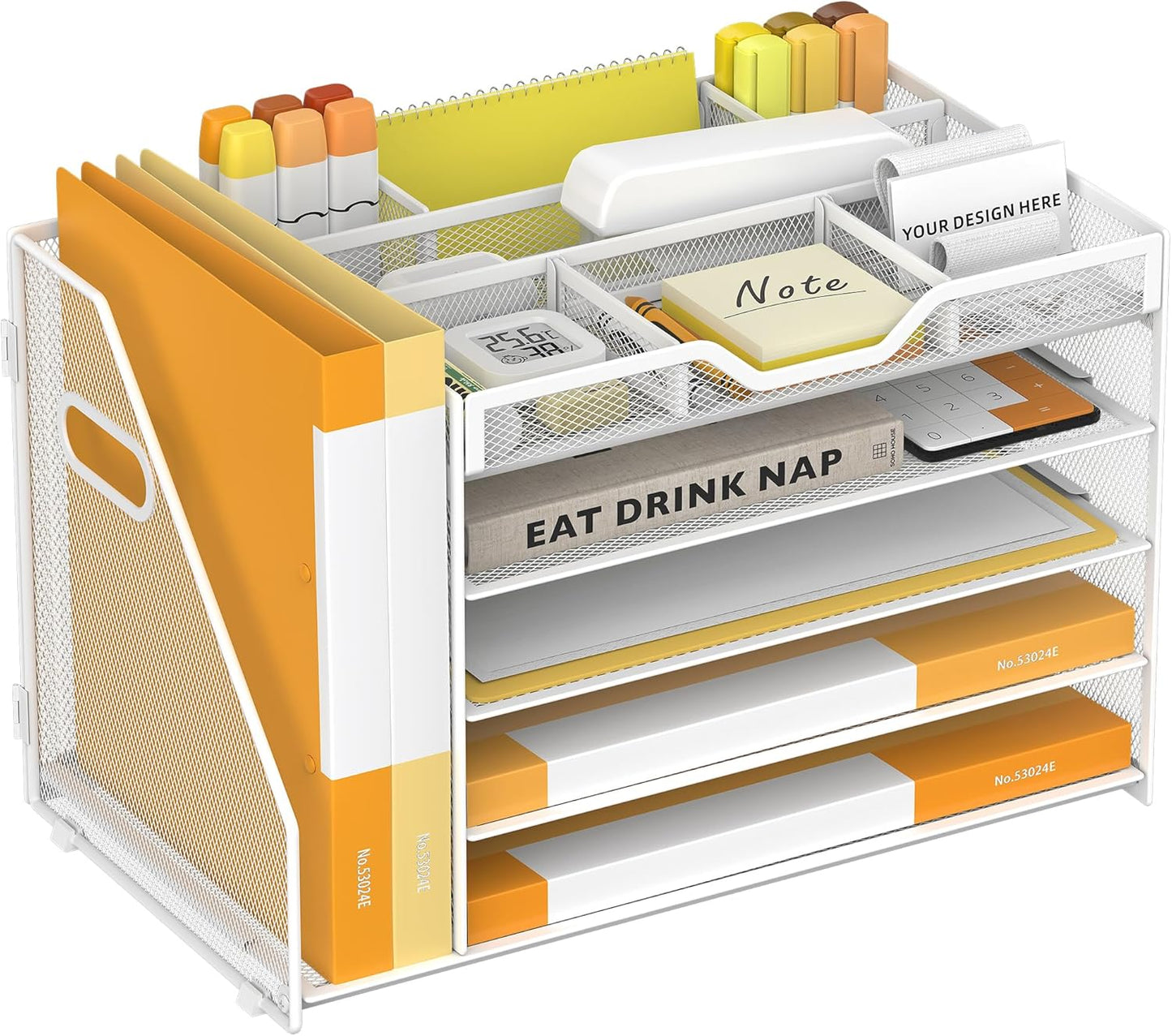 5 Tier Paper Letter Tray with File Holder and 3 Drop-in Pen Holders, Mesh Desk File Organizer with Handle, Desk Organizers and Accessories for School,Home, Office Supplies Storage-White