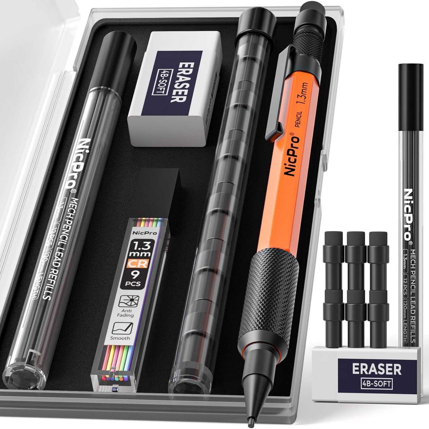 Nicpro 1.3 mm Mechanical Pencils Set with Lead Refill Black & Colors, Eraser - Orange Weatherproof Metal Heavy Duty Carpenter Pencil for Outdoor Marking Drafting Drawing Sketching Woodworking in Case