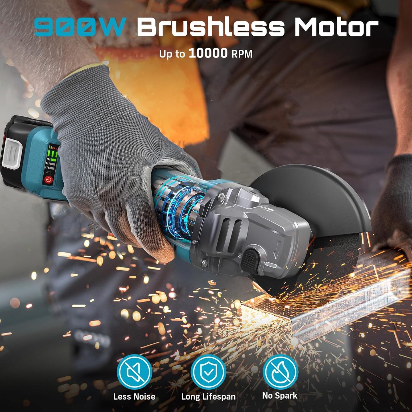 SEESII Cordless Angle Grinder 4-1/2 Inch, 21V Brushless Battery Grinder Tool with 2X 4.0Ah Batteries, 10000RPM for Metal Cutting, Grinding, Polishing, Rust Removal (Blue)