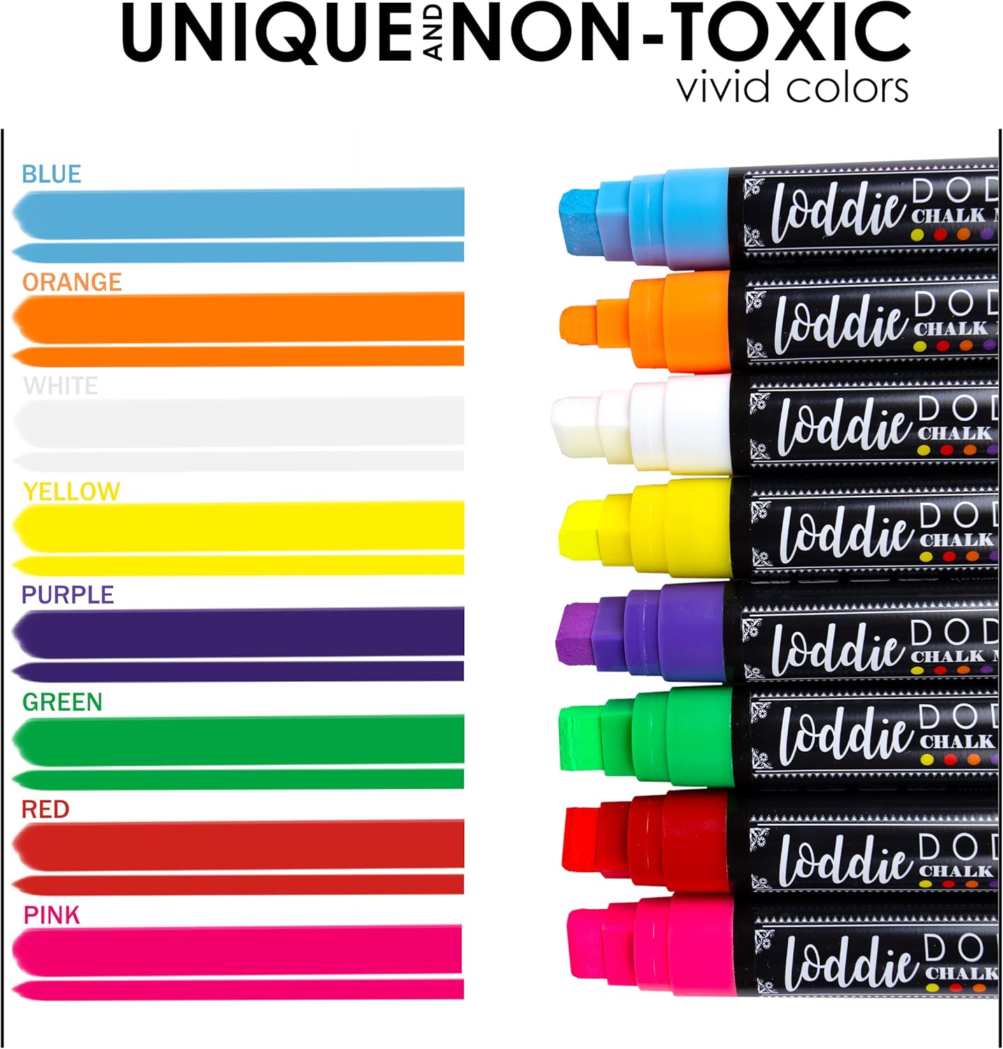 Loddie Doddie Jumbo Chalkboard Markers Pack - 8 Vivid Neon Colors - 15mm Chisel Tip - Erasable Liquid Ink for Signs, Blackboard, Car Window & Bistro - Neon Chalk Markers