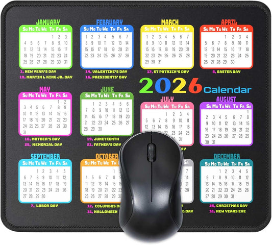Calendar Mouse Pad 9.5 X 7.8 in, Mouse Pads with Stitched Edges and Non-Slip Rubber Base, Home Office Desk Decor Accessories for Computer Laptop Work Gaming (White 2026 with Holidays)