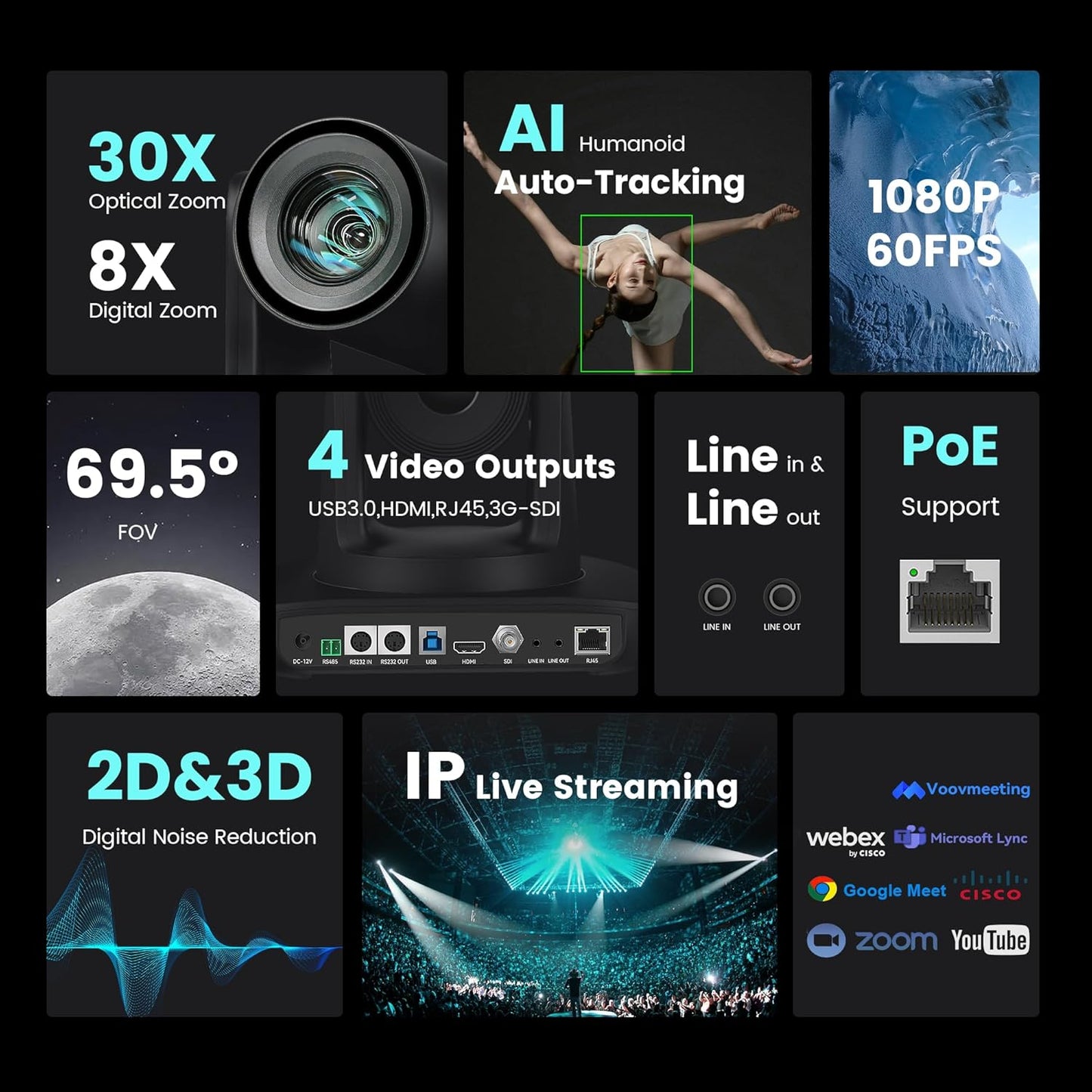 AI Auto Tracking PTZ Camera 3G-SDI/USB3.0/HDMI/LAN PoE 30X Optical and 8X Digital Zoom Live Streaming Camera 1080P 60FPS for Church Services Worship Education Events vMix OBS YouTube