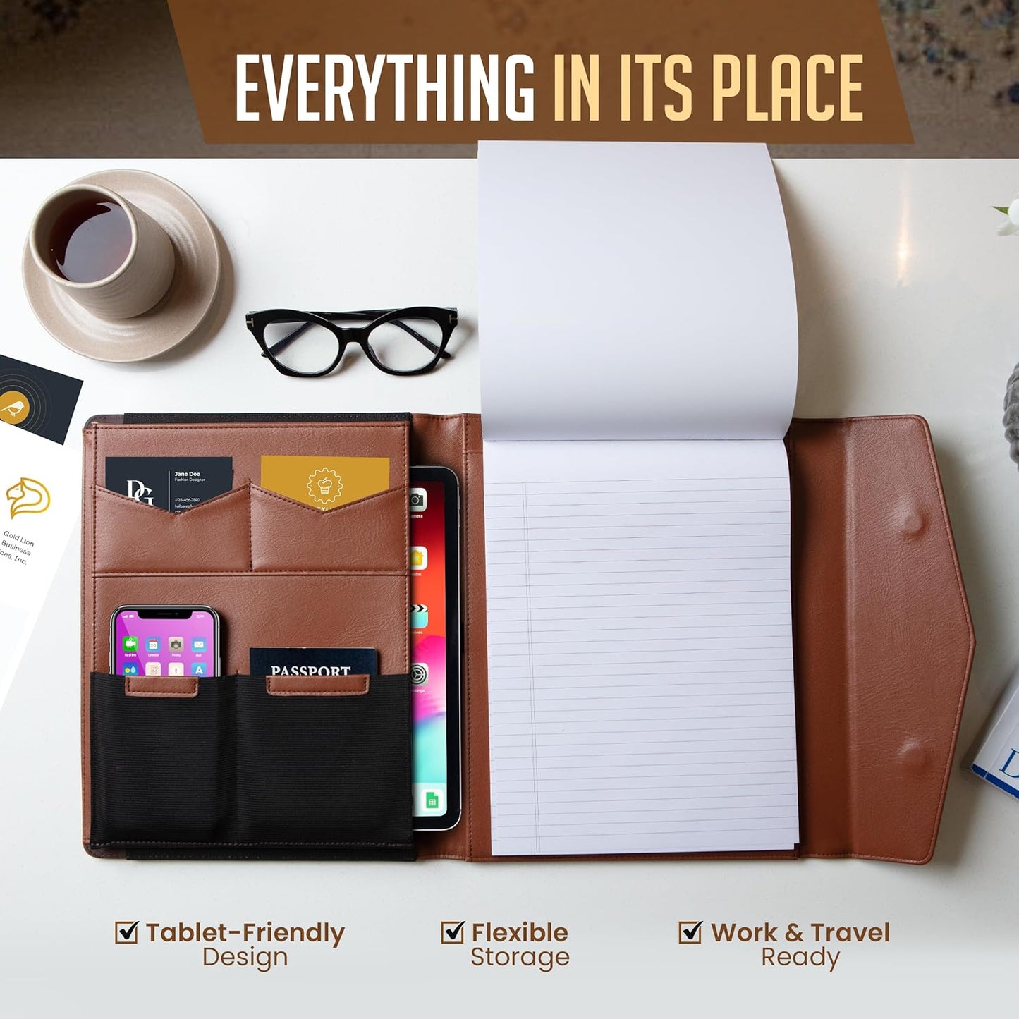 STLYIO Trifold Padfolio - Magnetic Closure. Stretchable Compartment for Tablet, Documents. Elastic Pockets for Phone, Gadgets, Passport, Travel Documents. Letter-Sized Notepad and Gift Box Included.