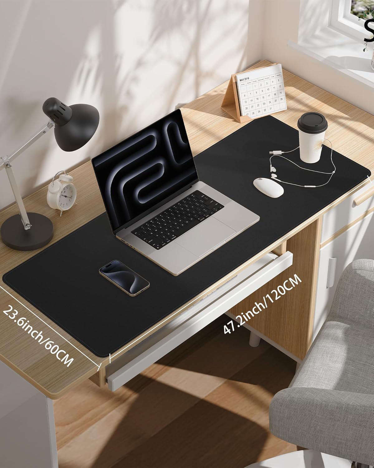 Extra Large Desk Pad Mat - Waterproof Mouse Pad & Desk Protector, Non-Slip XXL PU Leather Gaming Mat for Keyboard/Mouse, Stitched Edge with Ergonomic Support, 47.2"x23.6" (Black)