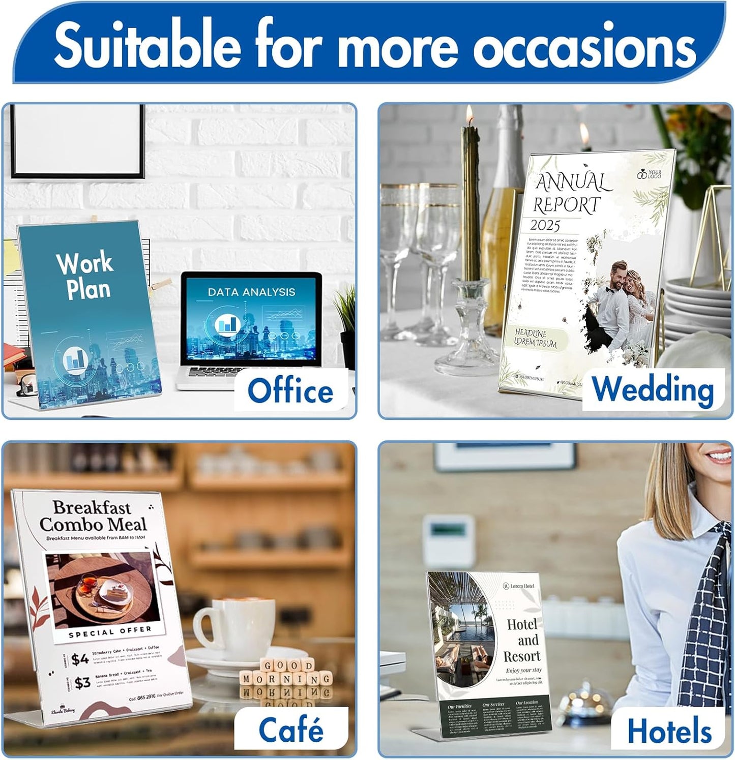 Aheroi 12Pcs Acrylic Sign Holder, 4x6 Clear Sign holders Paper Stand, L-shape Table Sign Holders Plastic Sign Holder Standing, Paper Display Stand for Menu Document Holder Office Desktop