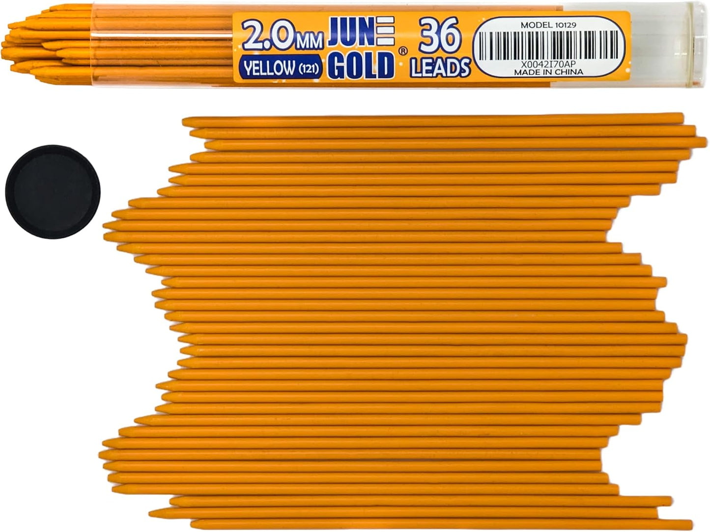 June Gold 36 Yellow (Marigold #121) Colored 2.0 mm Lead Refills, Bold Thickness for Heavy Use, Break Resistant with a Convenient Dispenser