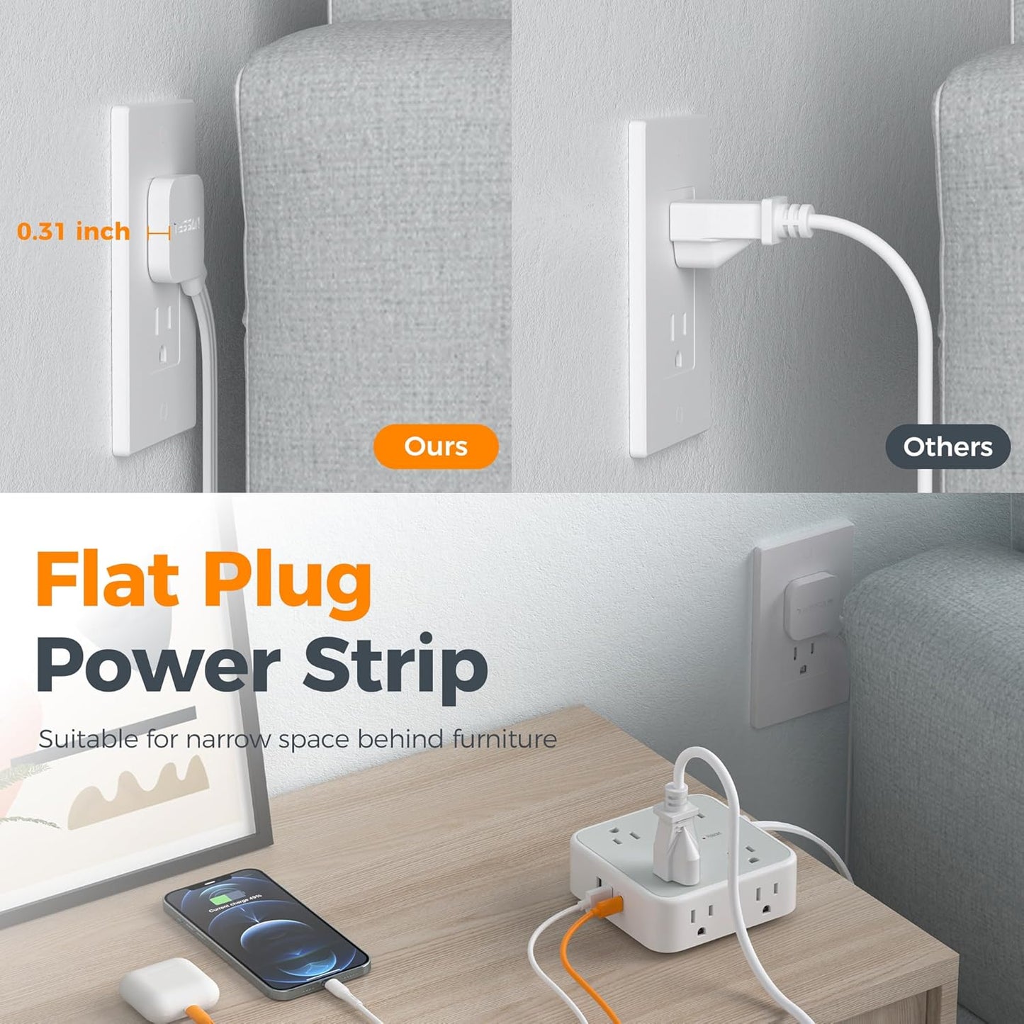 Surge Protector Power Strip, TESSAN 5 Ft Flat Plug Extension Cord with Multiple Outlets, 3 USB (1 USB C PD 20W), 8 Outlets, 900J Surge Protection, for Home, Office, Dorm Room Essentials, 1250W