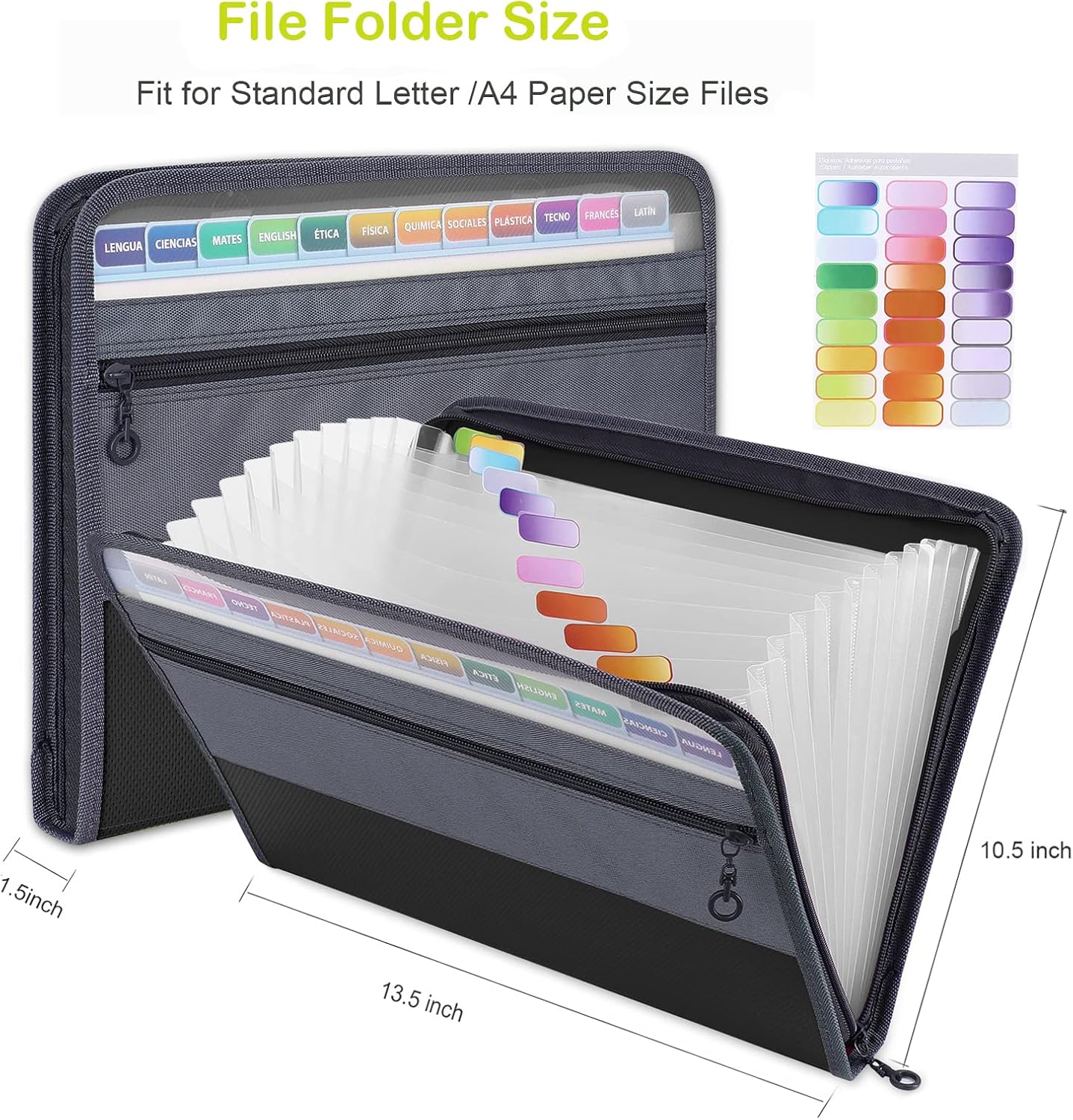 MEGREZ Expanding File Folder with 13 Pockets, A4 Paper File Folder with Zipper Color Labels, Waterproof Accordion File Folder Organizer for Home Office, Black