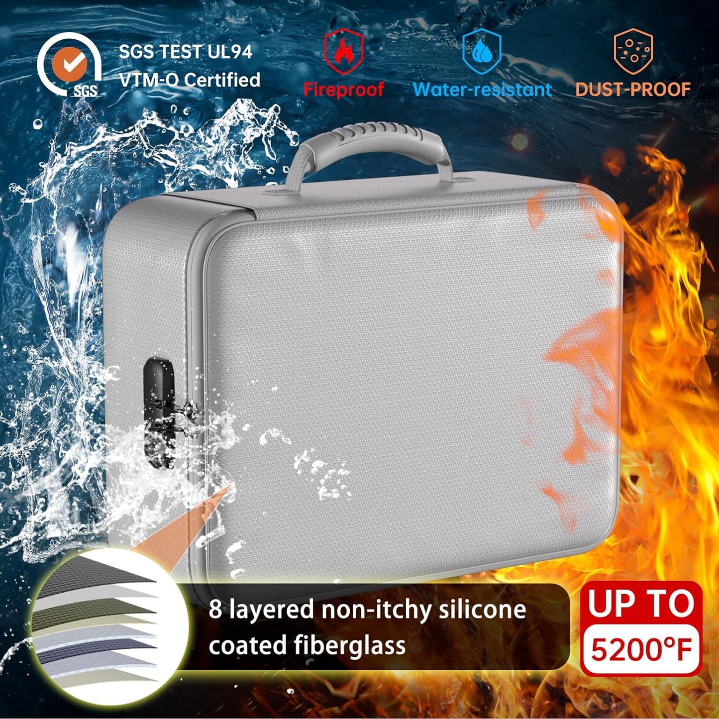 DocSafe 5200°F Document Organizer with Lock,Upgraded Heat Insulated Fireproof＆Waterproof Box 8 Layers File Organizer,Portable Home Travel Safe Storage for Important Documents, Files,Silver (Soft)