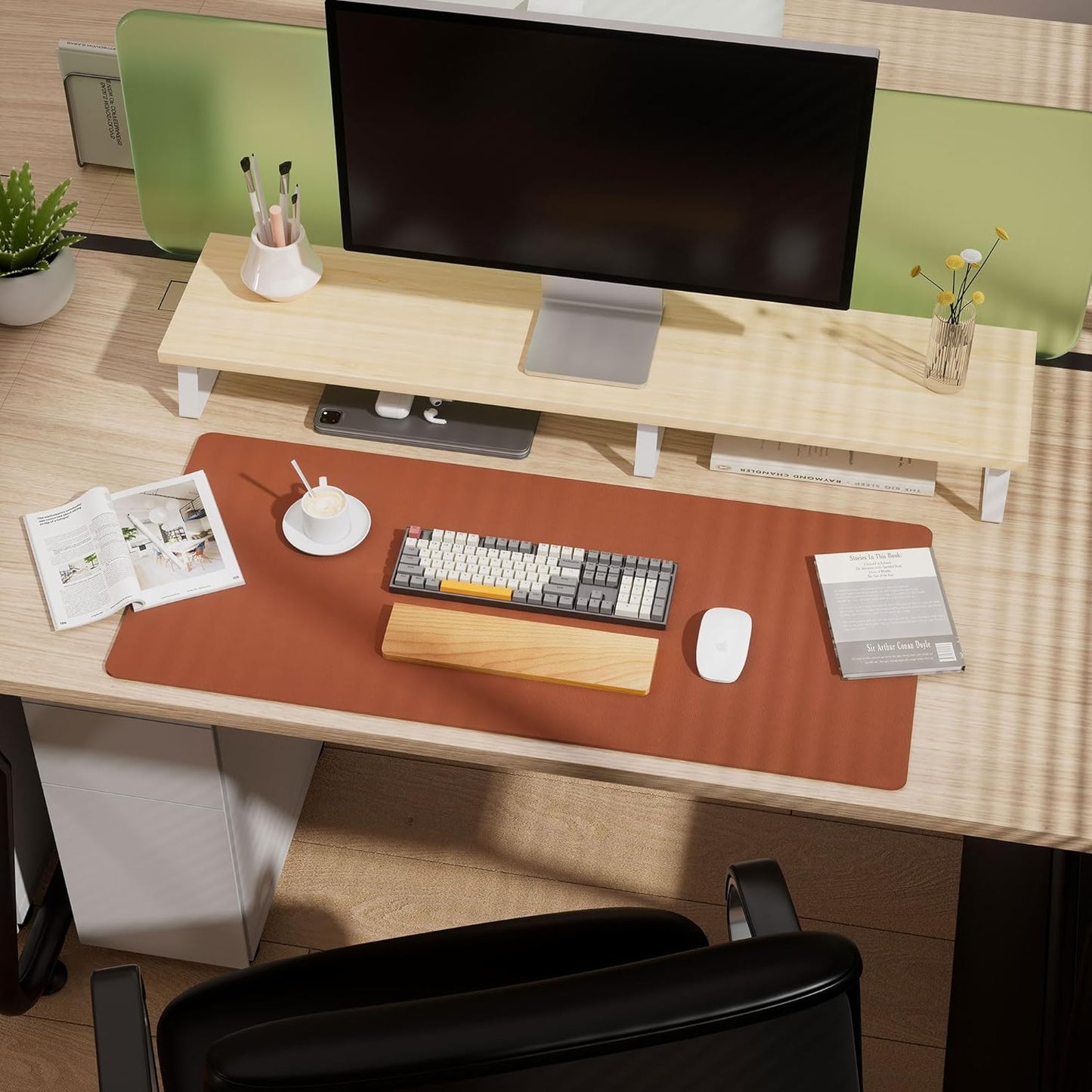 Aothia Dual-Sided Desk Mat - Leather & Cork Desk Protector, Large Mouse Pad & Writing Pad for Office/Home, Maple Brown (37.8"x17")