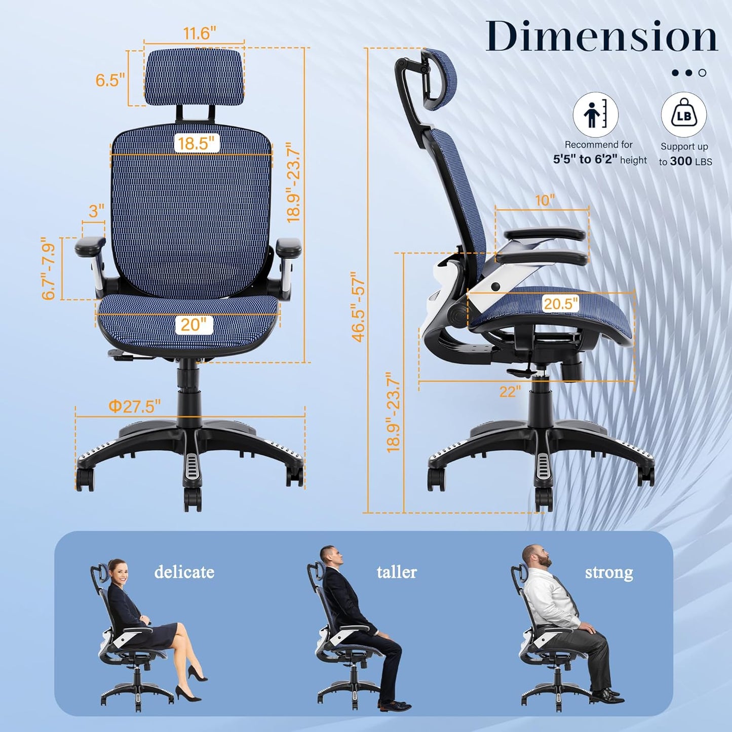 GABRYLLY Ergonomic Office Chair, High Back Mesh Desk Chair with Adjustable Headrest, Flip-Up Arms, 90-120° Tilt Lock, Lumbar Support and Comfy Seat, Swivel Computer Task Chair, Blue