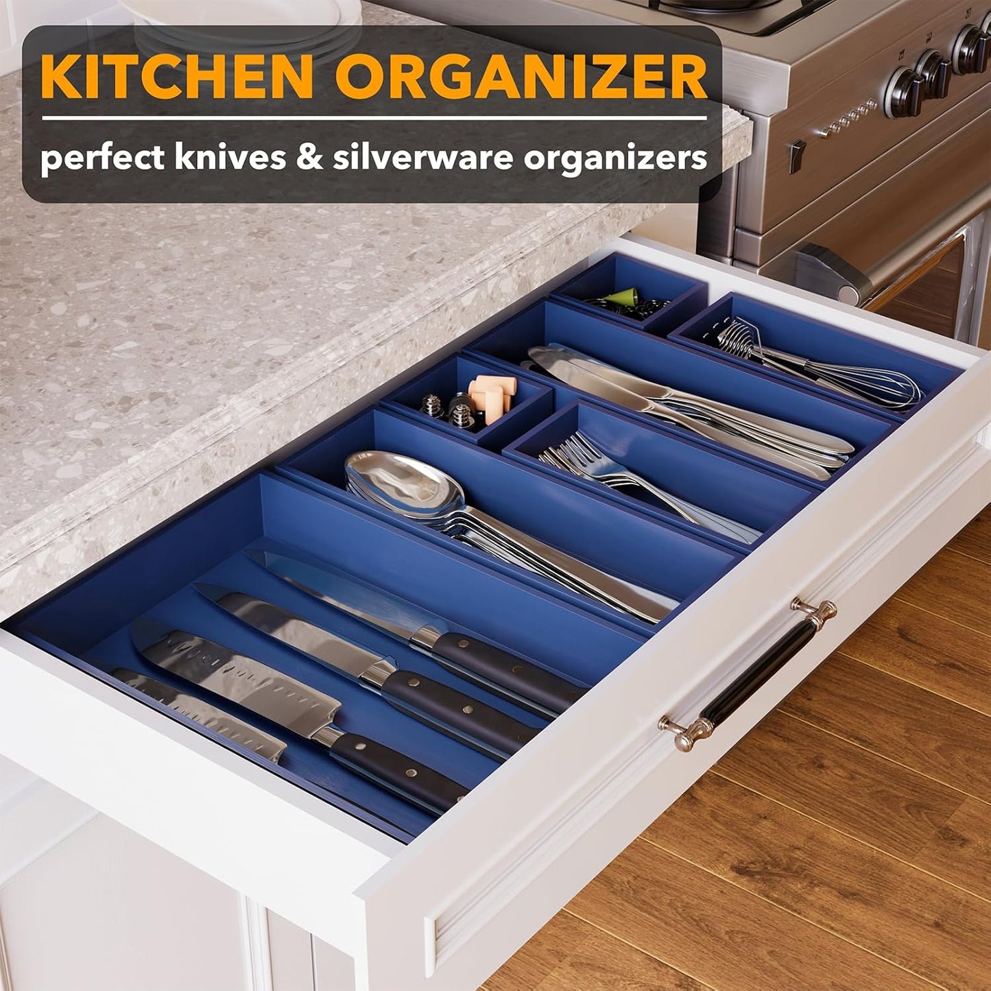 SpaceAid 7-Piece Bamboo Drawer Organizer Storage Boxes Set, Wood Tray Junk Drawer Organizers Multi-Use Divider Bins for Kitchen, Bathroom, Office Desk and Makeup Organization (7 Pack, Navy Blue)