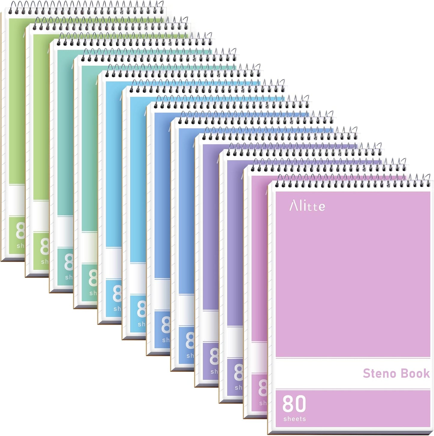 Steno Pads Spiral 6x9-12 Pack Pastel Colors - Perfect for Work, School, and Home Use, Easy Tear-Off Pages, Gregg ruled, White Paper - No Ink Bleeds - 80 Sheets