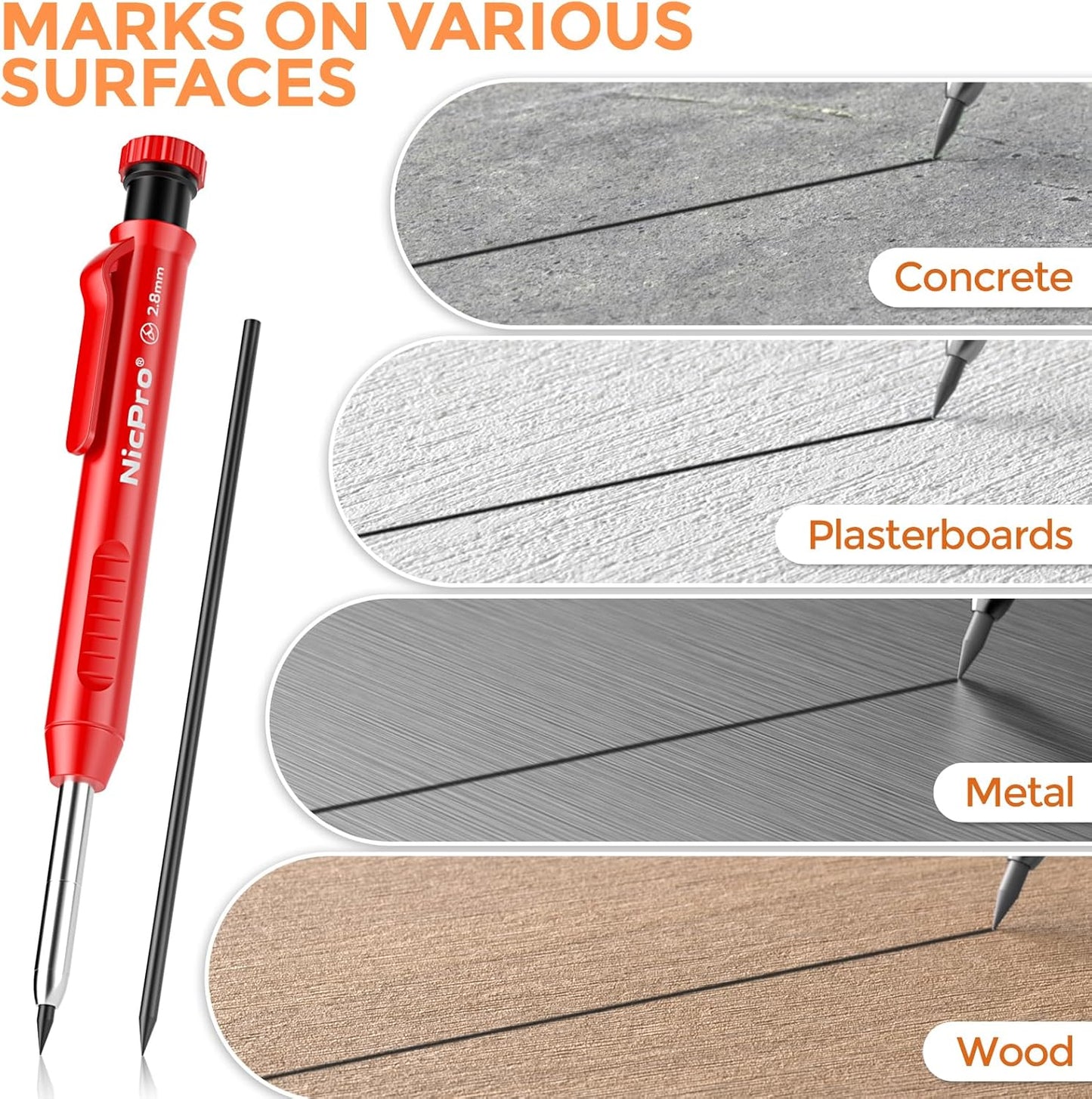 Nicpro 24 Pieces Carpenter Pencil Lead Refills 2.8mm, Break Resistant Leads for Construction and Woodworking Pencils (Black)