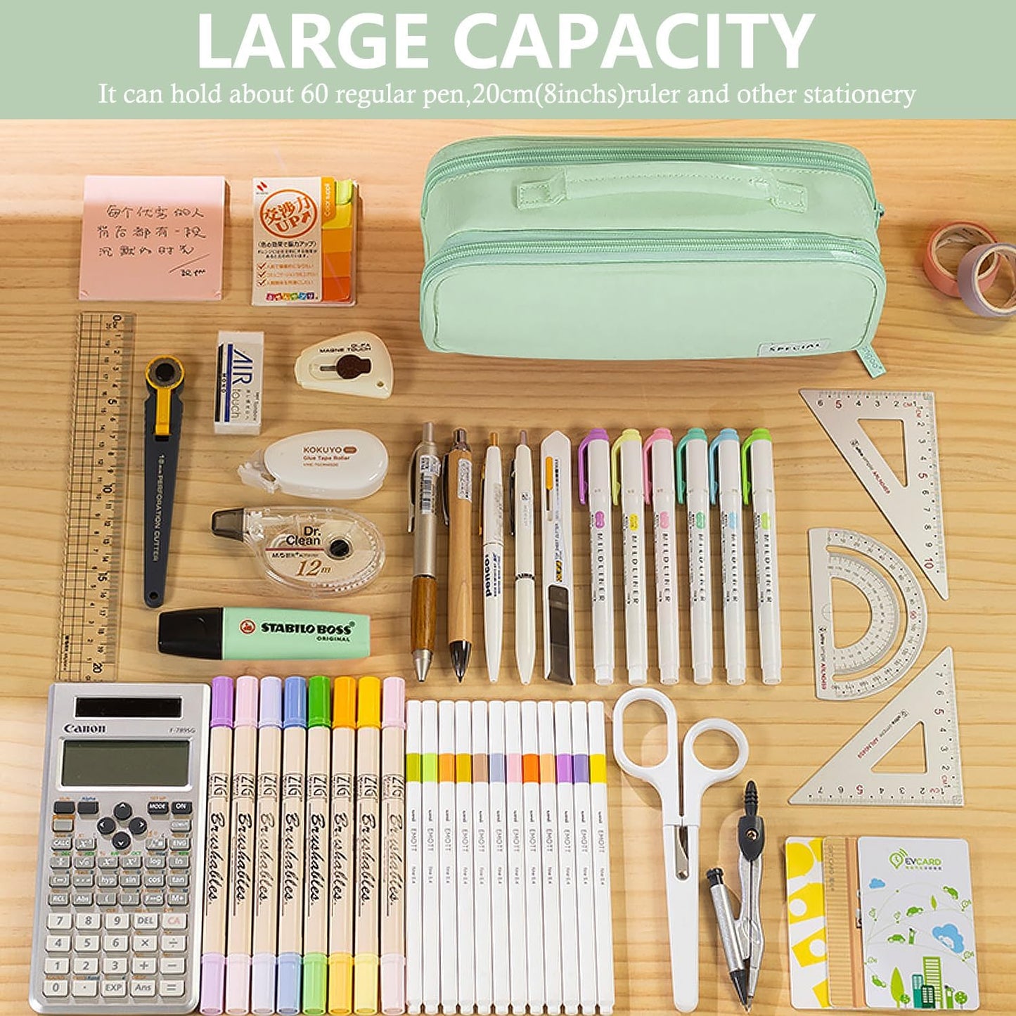 MAMUNU Pencil Case Large Capacity with 3 Compartments, Pencil Case Pouch Bag with Zipper Handle Portable Pen Stationery Organizer for Teen Girls Boys Adults College School Office Travel, Green