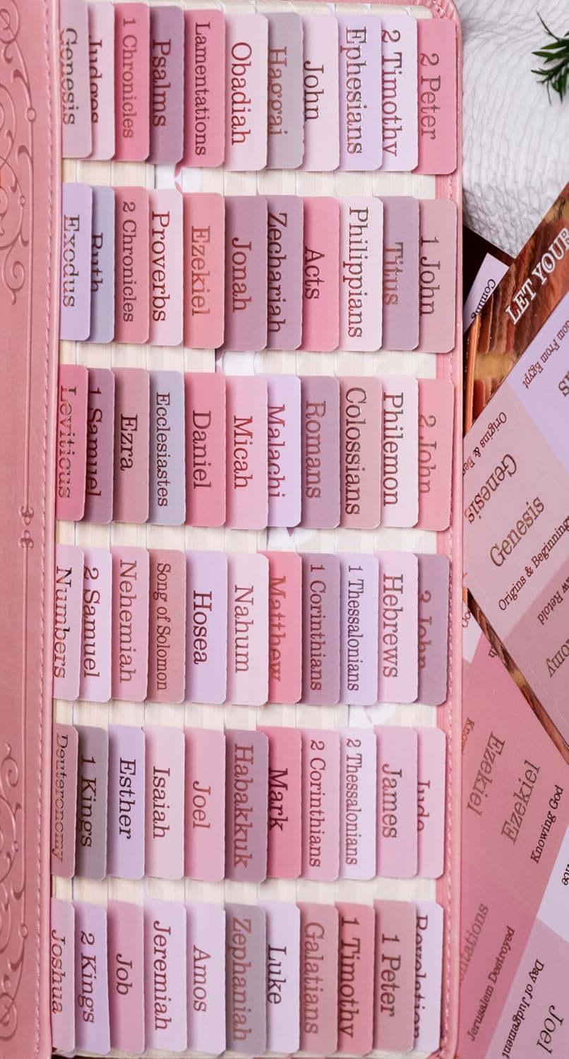 UPAFEXXI-Laminated Bible Tabs (Rose Gold Foil Embossed Lettering), Bible Tabs for Women and Men, Reposition Large Print Stickers, Easy to Read and Apply, 80 Chapters Labels for Easy Navigation(Pink)