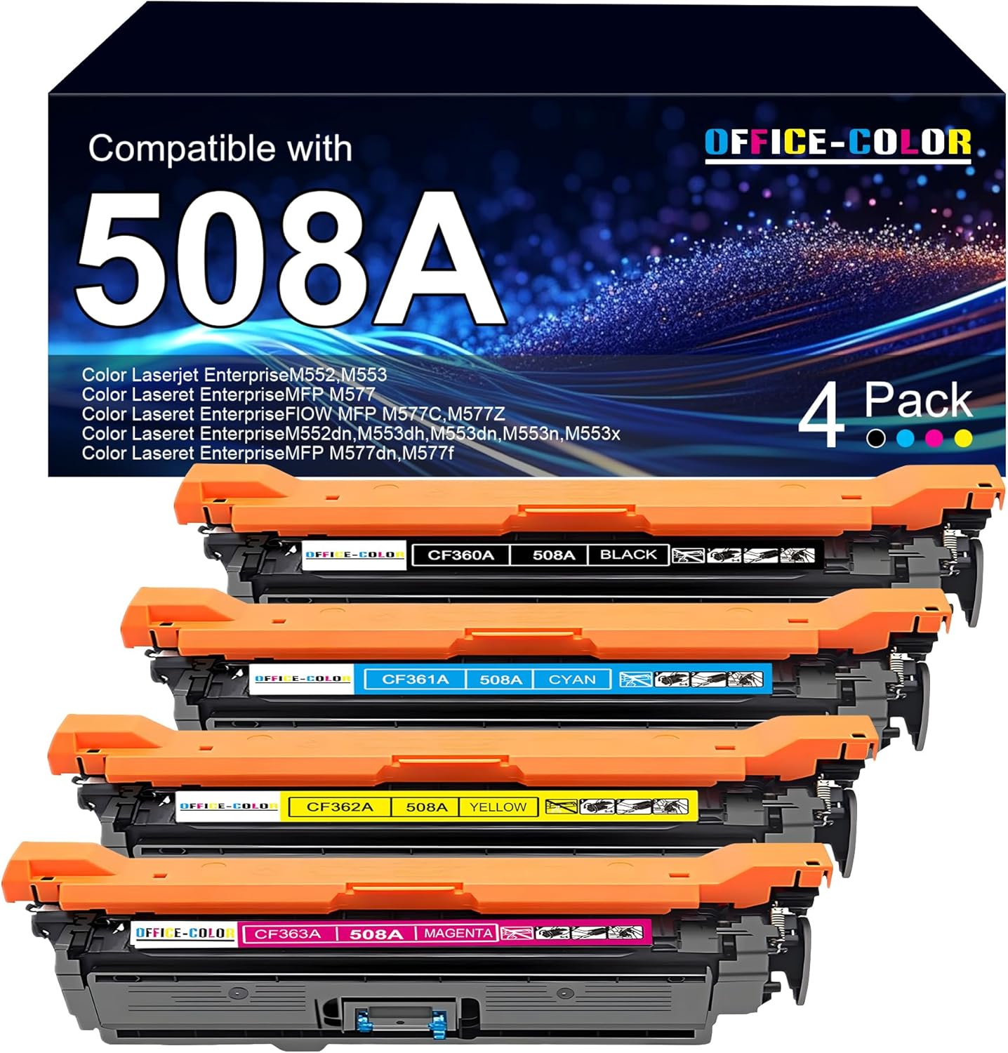4 Pack Replacement for HP 508A Toner Cartridges Works with HP Color Laserjet Enterprise M553,M552,Color Laserjet Enterprise MFP M577 Series Ink (Black,Cyan,Magenta,Yellow)