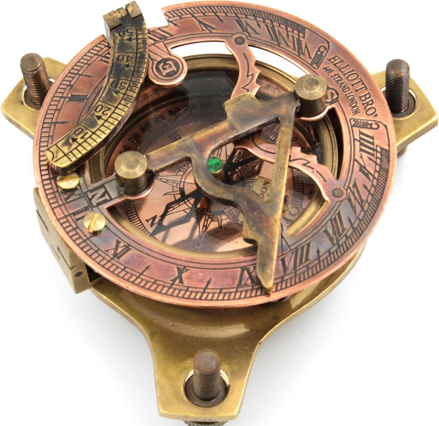 HanVintage Marine WEST London Antique 2.5" Brass Sundial Compass – Nautical Decor, Vintage Big Brass Triangle Sundial with Adjustable Screw Legs, Maritime Gift