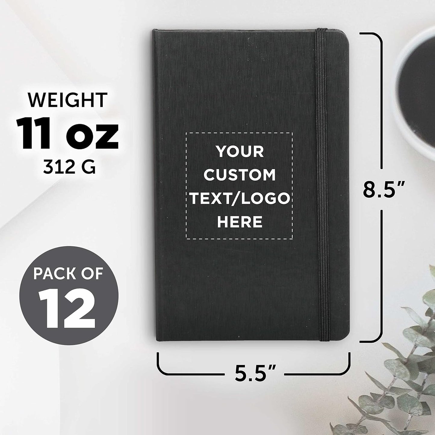 DISCOUNT PROMOS Custom Hardcover Notebook Journals with Elastic Colored Band Set of 12, Personalized Bulk Pack - Perfect for School, Office, Home - Black