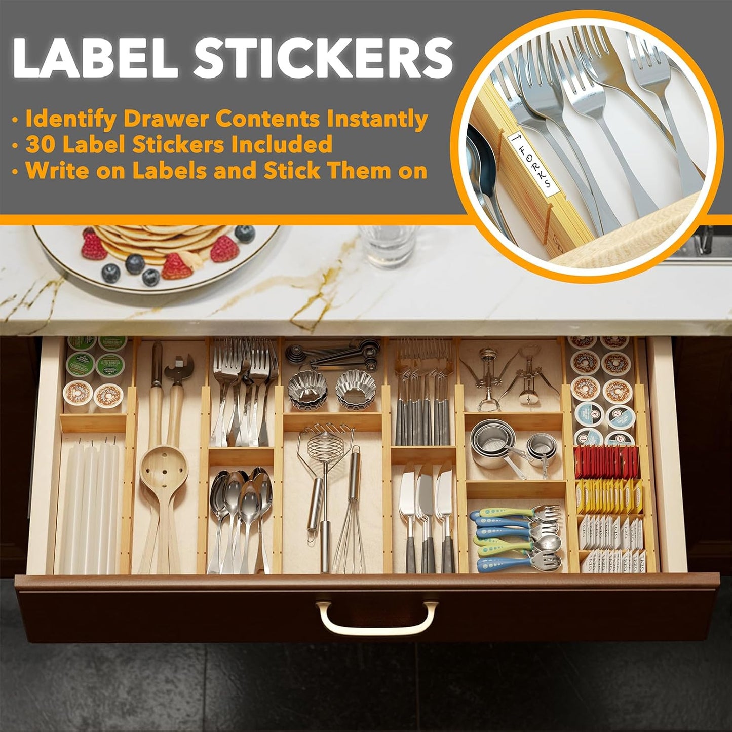 SpaceAid Bamboo Drawer Dividers with Inserts and Labels, Kitchen Adjustable Drawer Organizers, Expandable Organization for Home, Office, Dressers, 7 Dividers with 15 Inserts (17"-22" Natural)