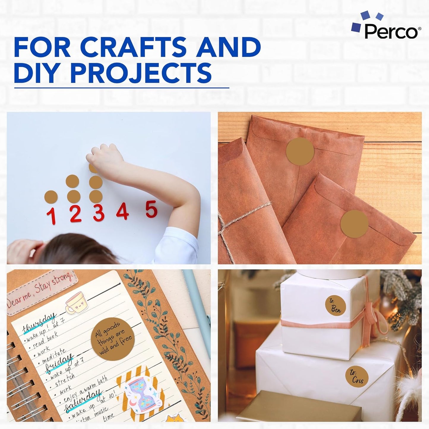 Perco Kraft Brown 2-Inch Perforated Circle Dot Sticker Labels — 10 Rolls, 5,000 Round Stickers — Natural, Cardboard-Like Surface with Permanent Adhesive for Organizing, Crafting & More—Made in USA