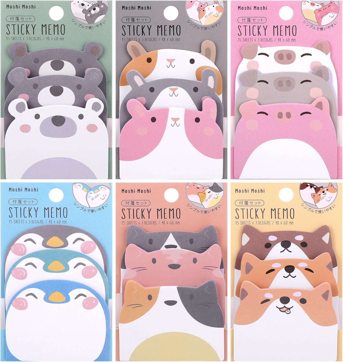 Cute Sticky Notes, 6 Pack 270 Sheets Kawaii Cartoon Animal Sticky Notes, Mini Cartoon Notes Animals Shape Markers Flags Self-Stick Memo Pads for School Home Office, JT-BG072-06