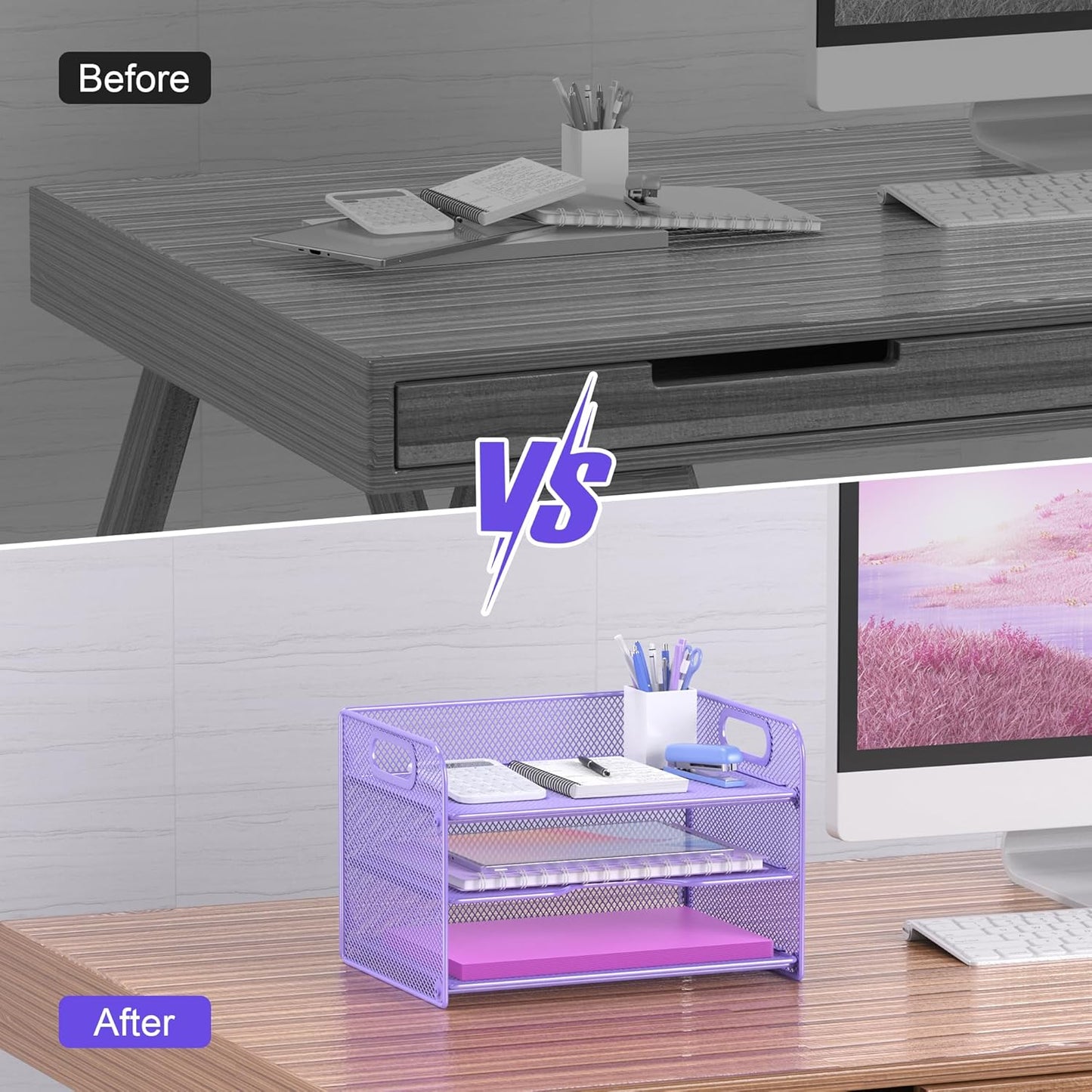 Samstar 3 Tier Purple Letter Tray Paper Organizer with Handle, Mesh Desk Organizer Paper Sorter File Rack Shelves, Purple