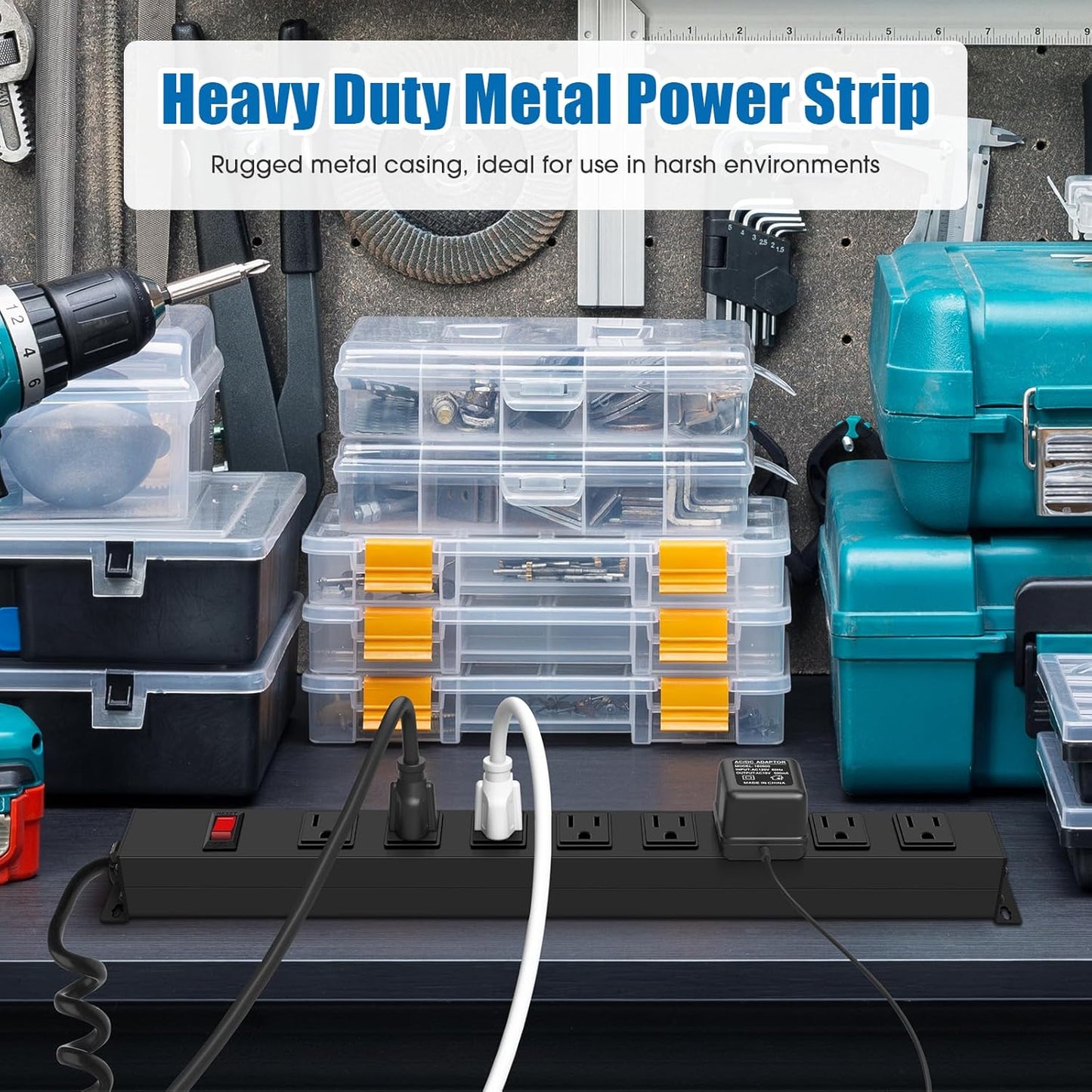 HHSOET 8 Outlet Metal Wall Mount Power Strip, Mountable Outlet with Switch, Heavy Duty Wide Spaced Surge Protector, 6 FT SJT 14AWG Black Spring Cord.