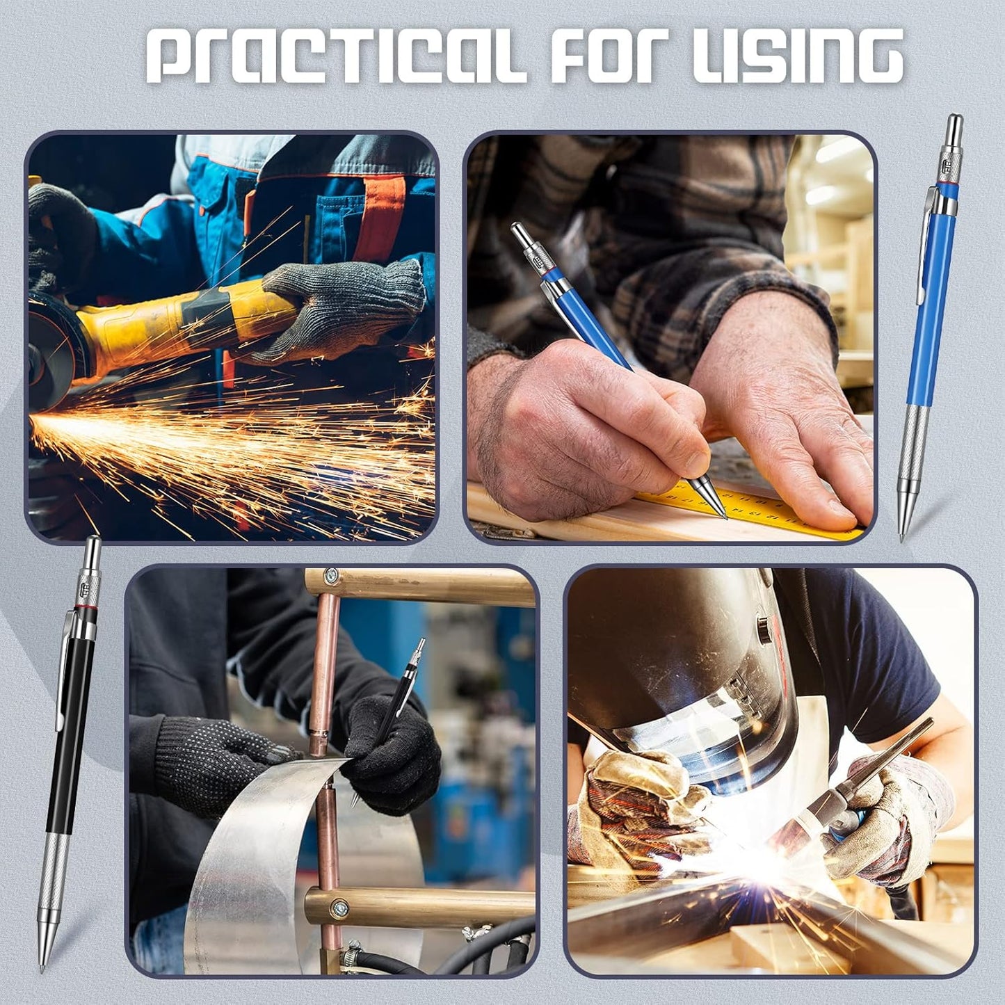 Nezyo 12 Pieces Welder Pencil with 108 Pieces Round Refills Mechanical Metal Pencil Marker with Built in Sharpener Pen for Construction Workers, Metal Work, Plumbers, Framers