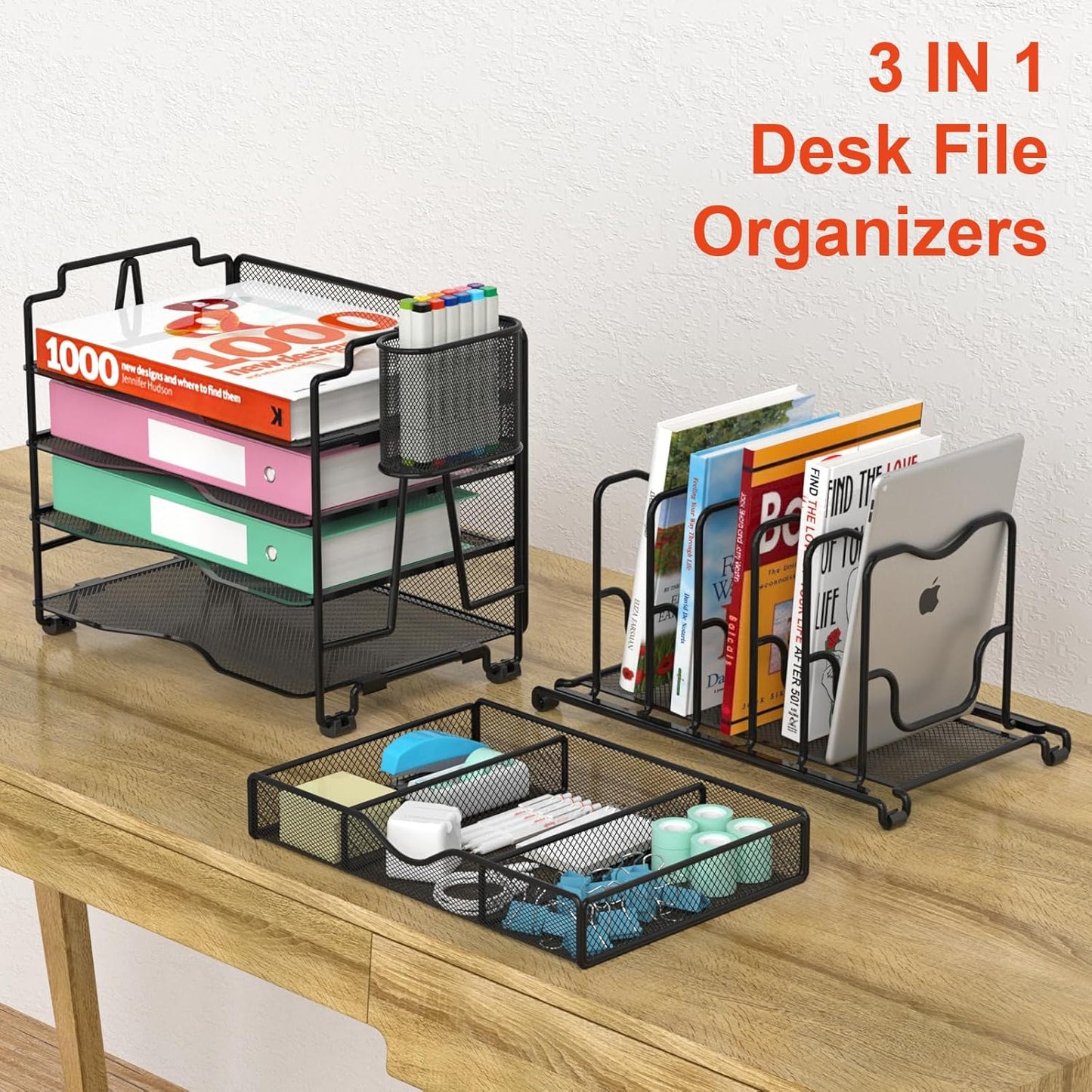 Mesh Desk Organizer, 3-IN-1 Desktop Organizer with 4 Tier Tray and 5 Upright Sections, File Organizer for Desk with Sliding Drawer, Black