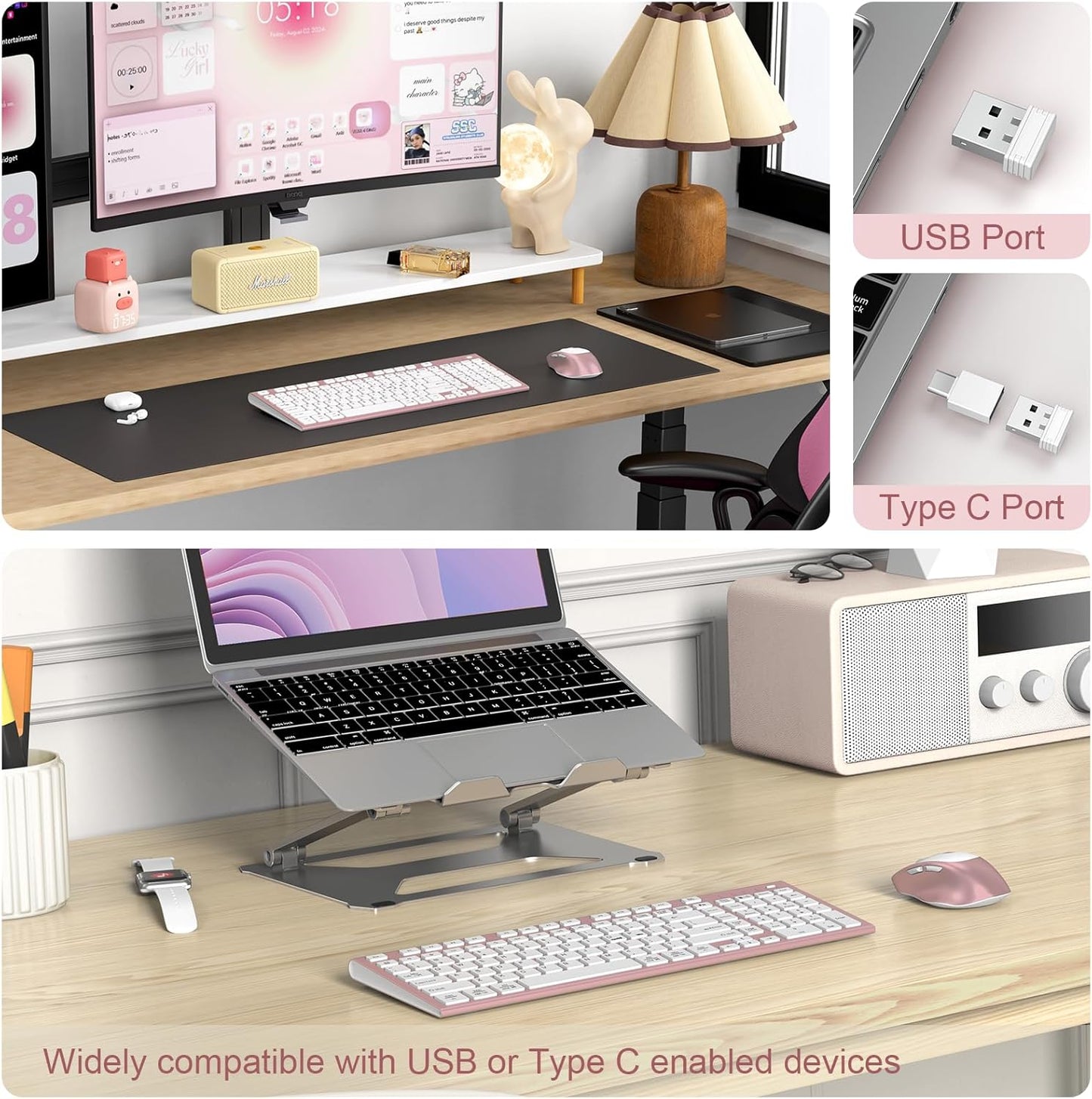FENIFOX Wireless Keyboard and Mouse, Ergonomic Rechargeable Silent Quiet Slim Compact Full-Size USB C with Number Pad Flat Soft Cover for PC Computer Laptop Mac MacBook iMac Windows - Pink Rose Gold
