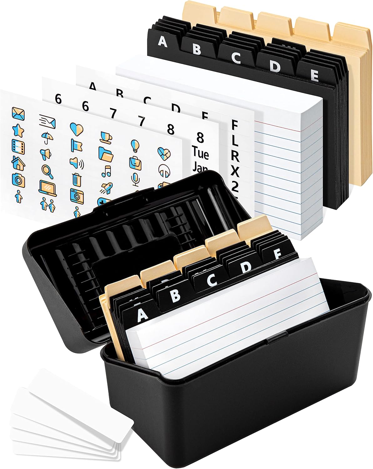Business Card Organizer 3x5 - Premium Index Card Holder Box for Flashcards, Notecards, Recipes - Recipe Box with Cards & Dividers, Labels, Stickers