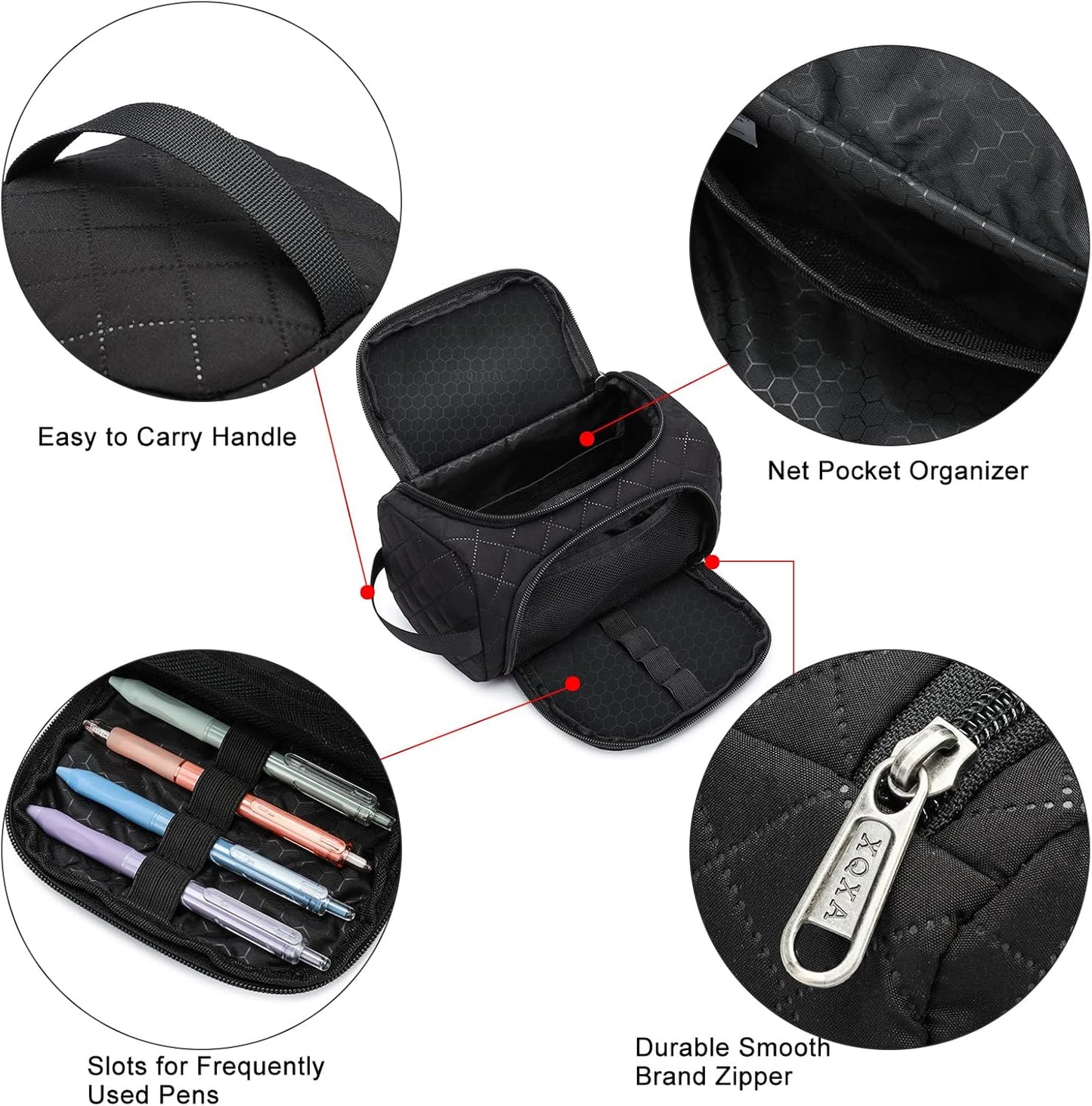 XQXA Extra Large Capacity Pencil Case Organizer, Multifunctional Pencil Pouch with Compartmens, Travel Simple Stationery Bag, Nylon Pencil Bag for Adults (Black Quilted)