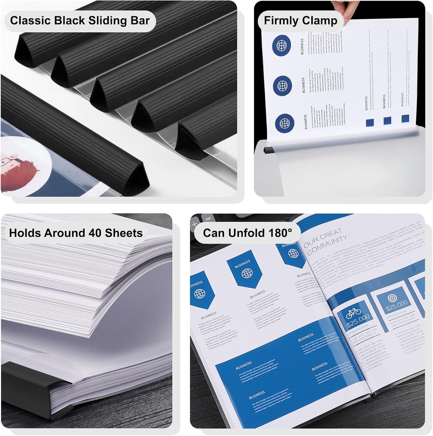 JOERSH 5Pcs Clear Report Covers with Sliding Bar, 40 Sheet Capacity Plastic Binder Paper Protector, Report Folders with Clear Cover for Resume File Documents, Black