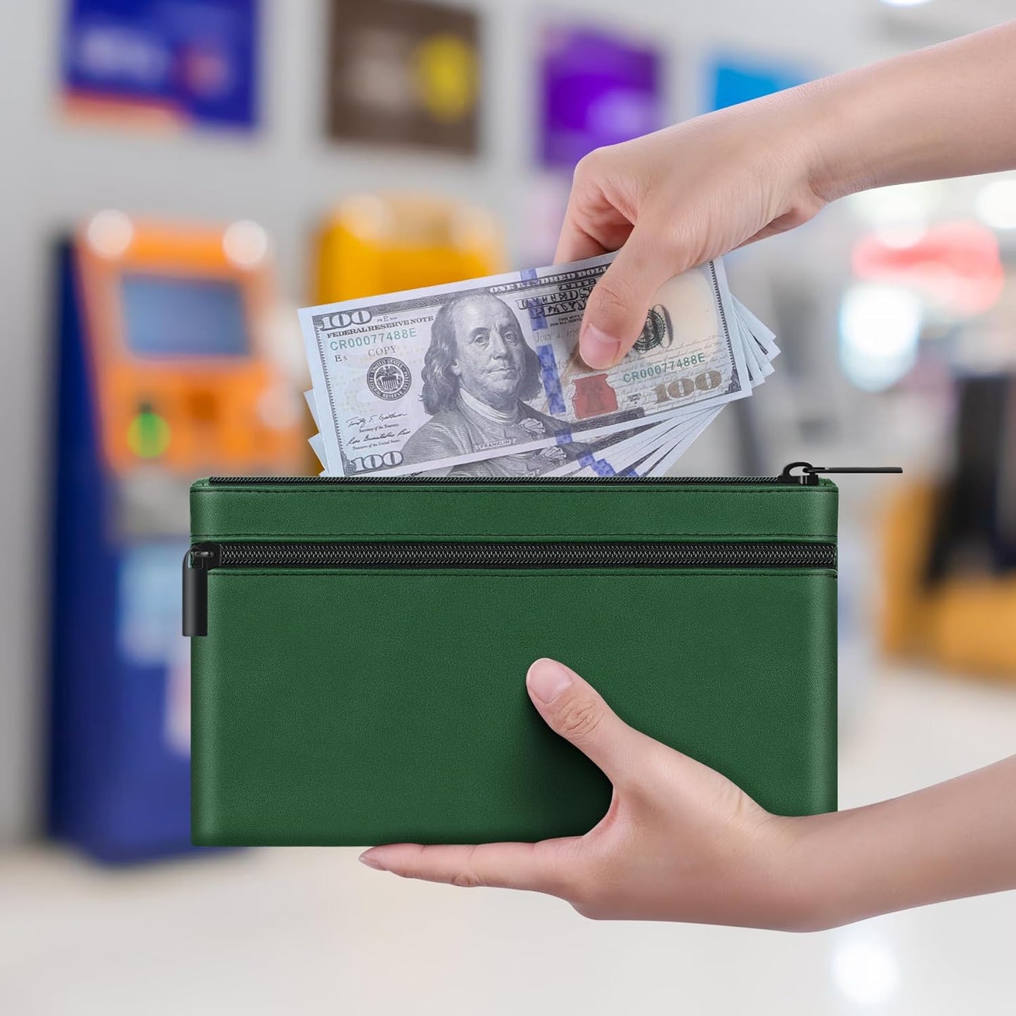 HAUTOCO Money Bag with Zipper 11x6.1 inch Money Pouch with Lined PU Leather Bank Bag Two Pockets Utility Wallet for Cash Check Receipt Coins Cosmetics, Deep Green