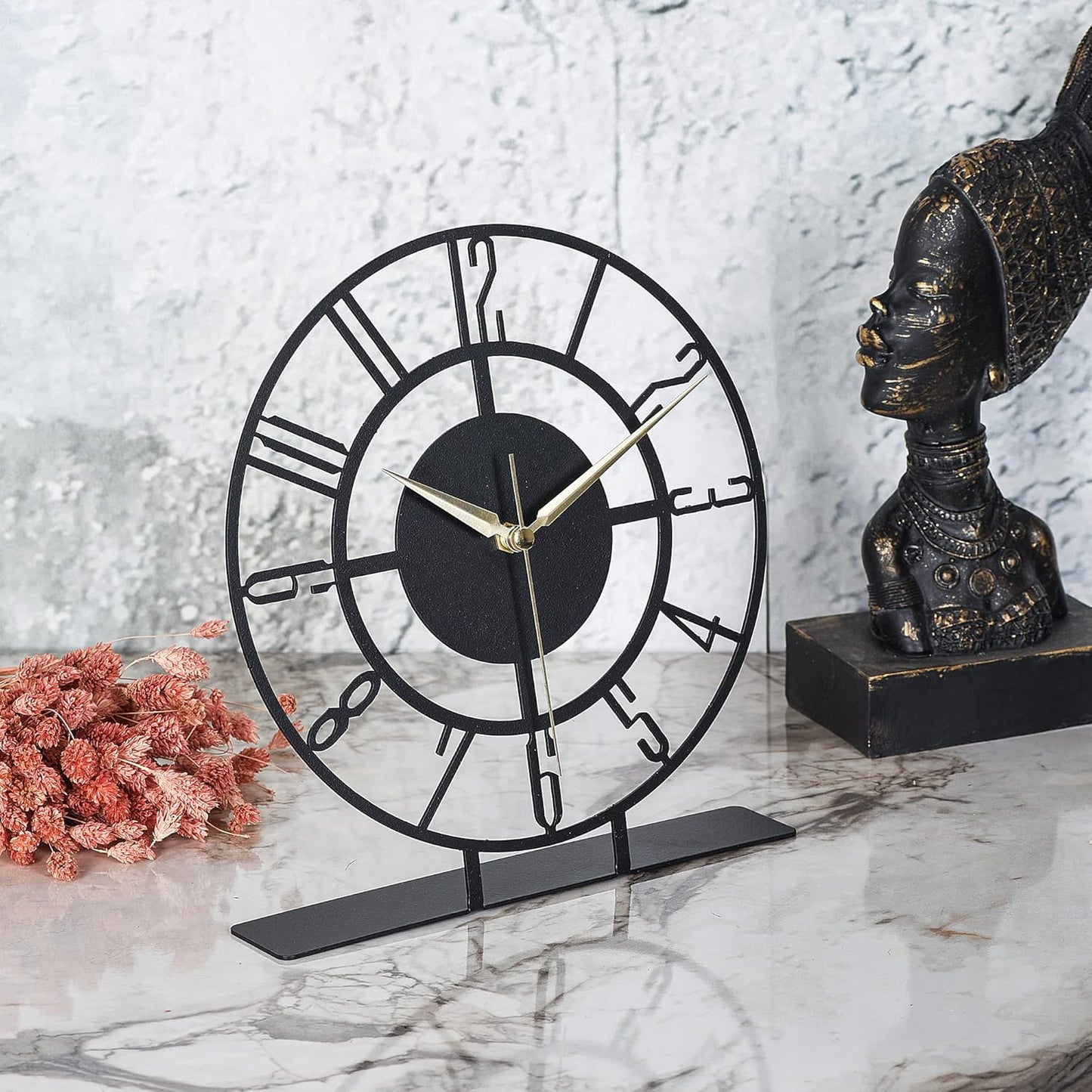 Metal Table Clock | 8.9 x 9.5 inch Size Round Silent Running Metal Black Clocks | Living Room and Bedside Suitable Table Decorations for Home and Office