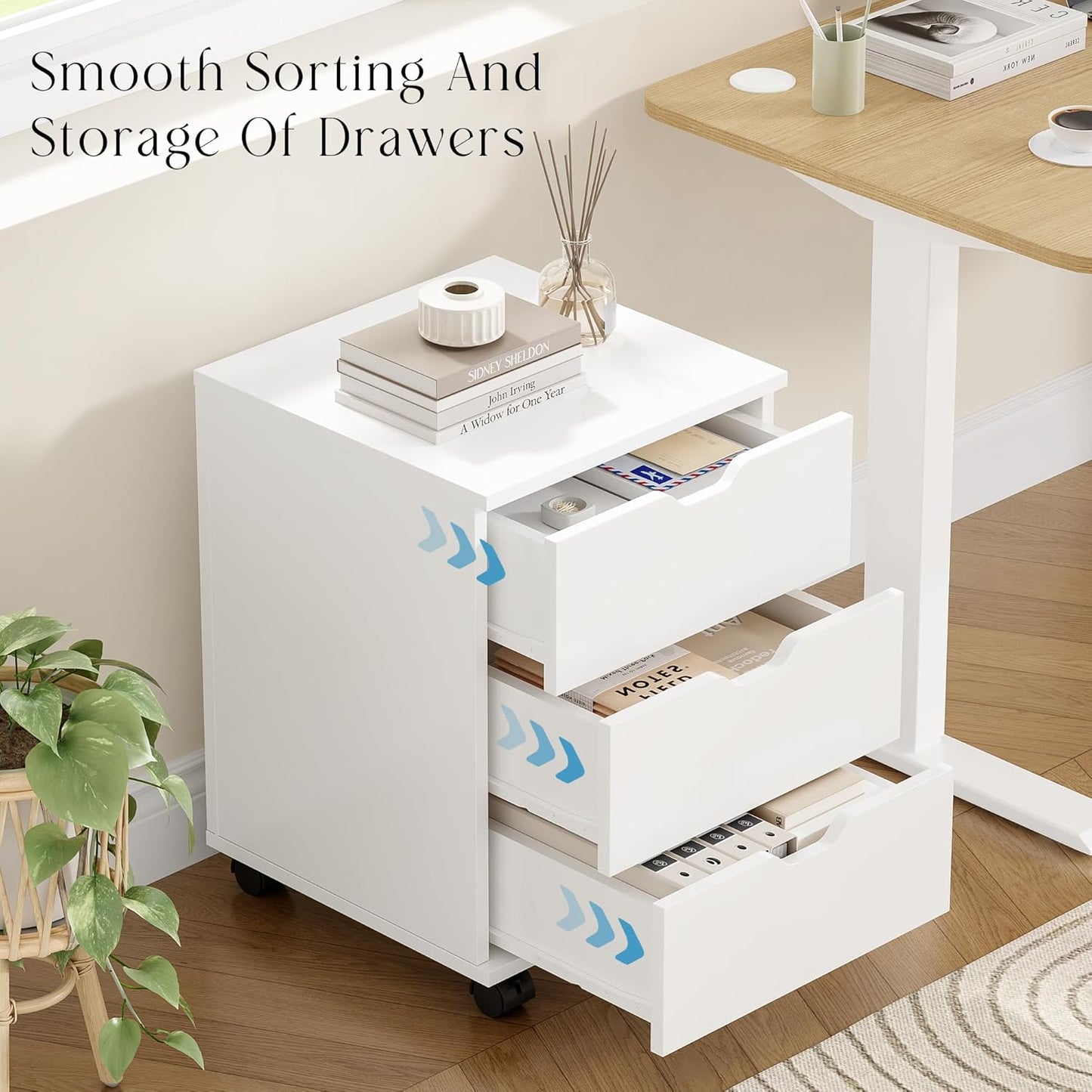 Farini 3-Drawer Under Desk Wooden File Cabinet with Lockable Caster Storage Cabinets for Home Office,White,Required Assembly